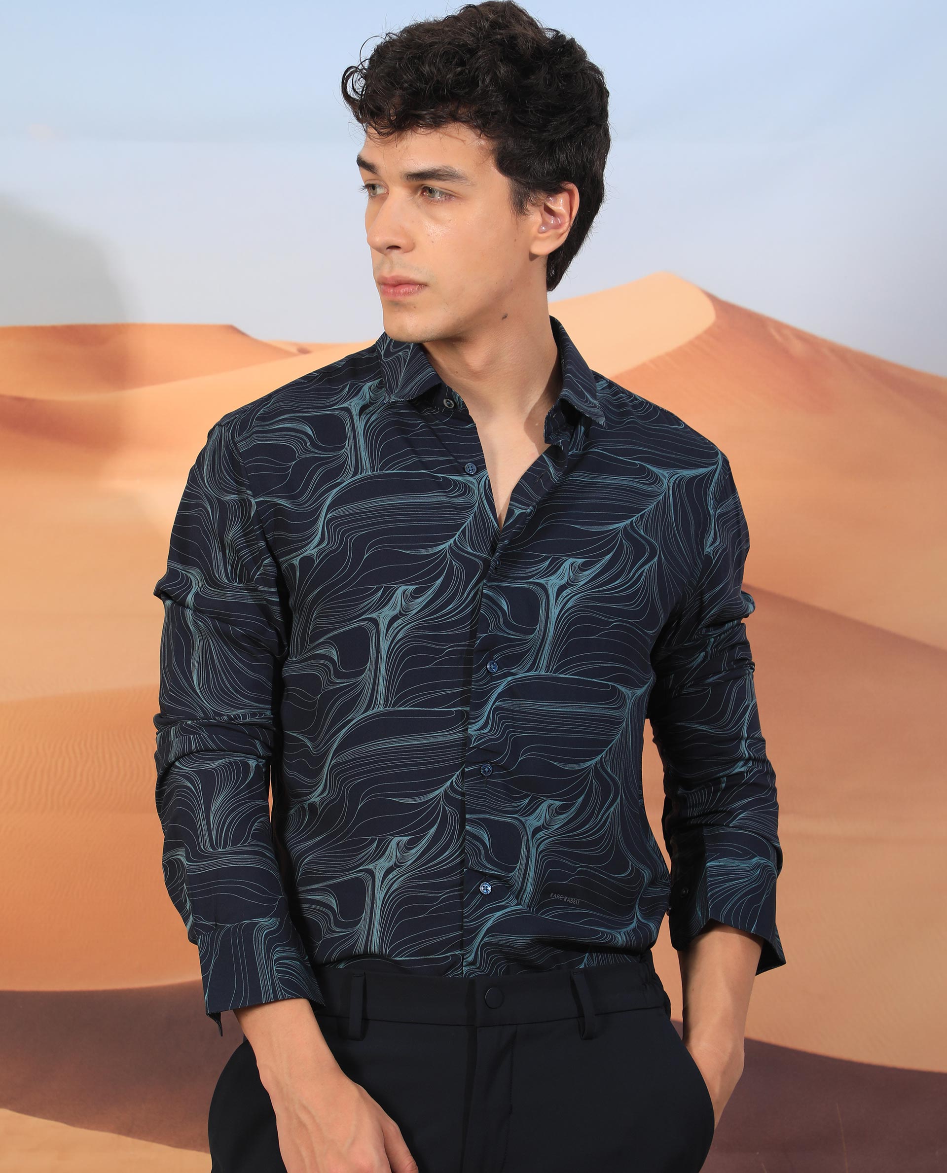 Rare Rabbit Men's Gravel Navy Viscose Fabric Abstract Print Full Sleeves Shirt