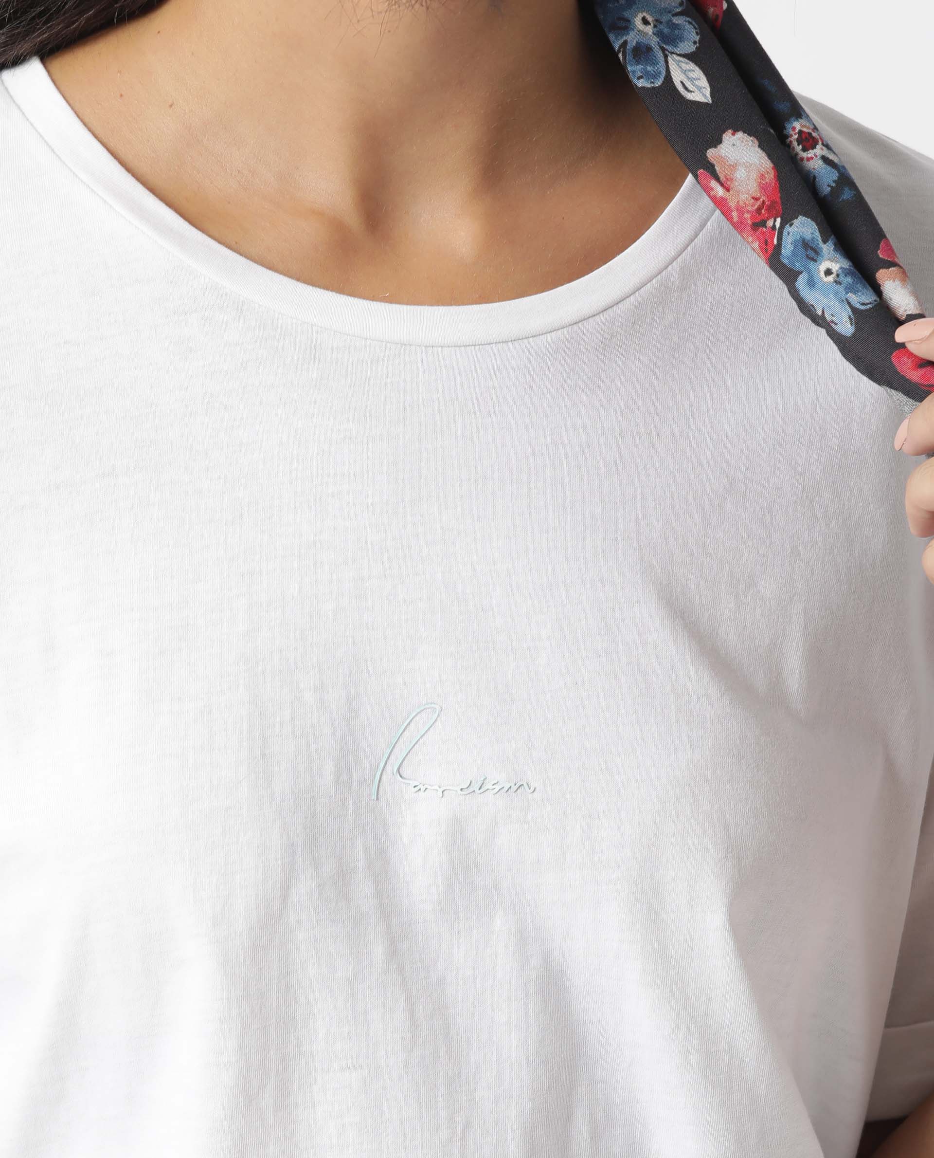 Rareism Women Nova Tee 2 White Cotton Blend Fabric Regular Fit Half Sleeves Solid Crew Neck T-Shirt