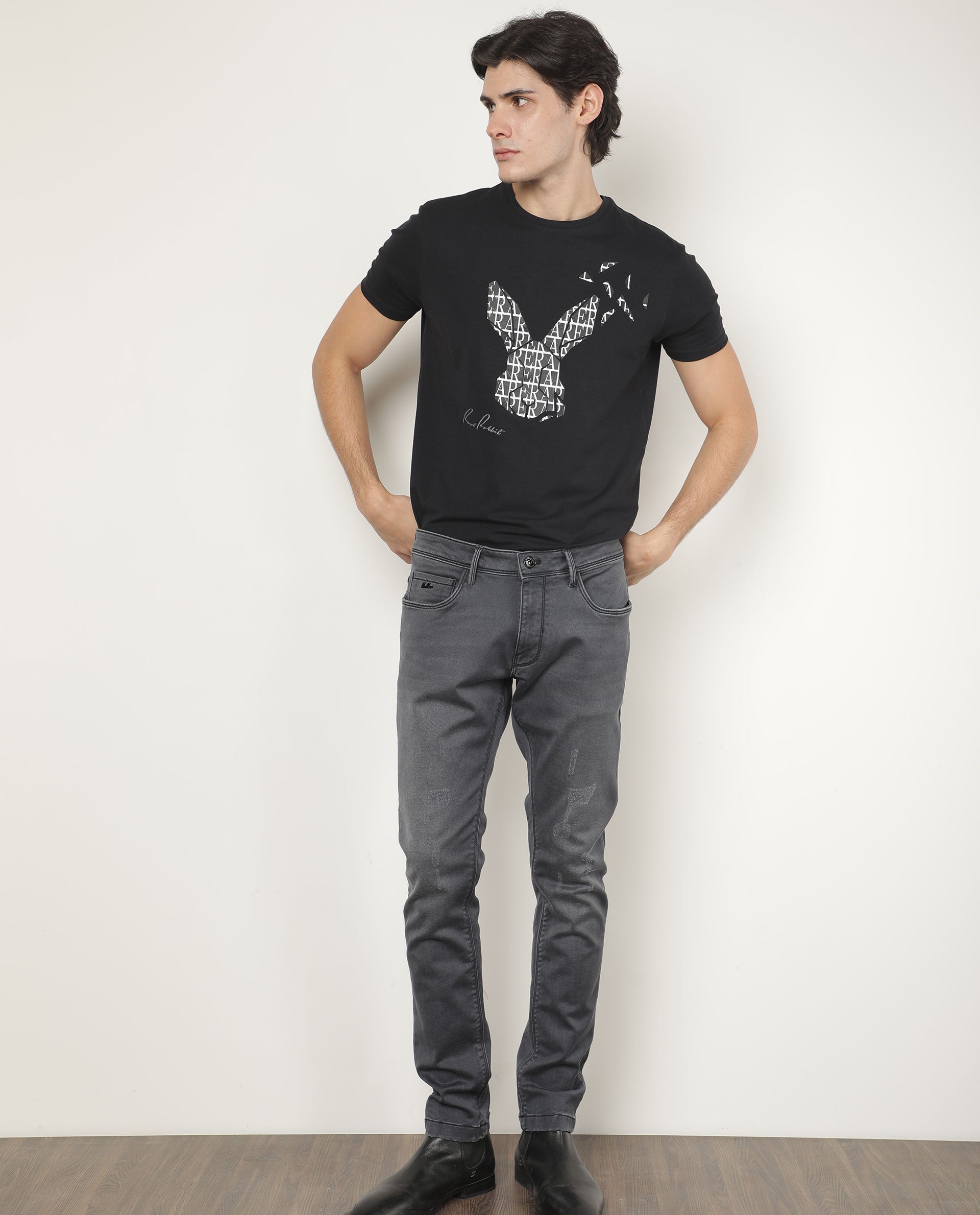 Rare Rabbit Men's Lassoo Grey Crew Neck Graphic Printed Half Sleeves Slim Fit T-Shirt