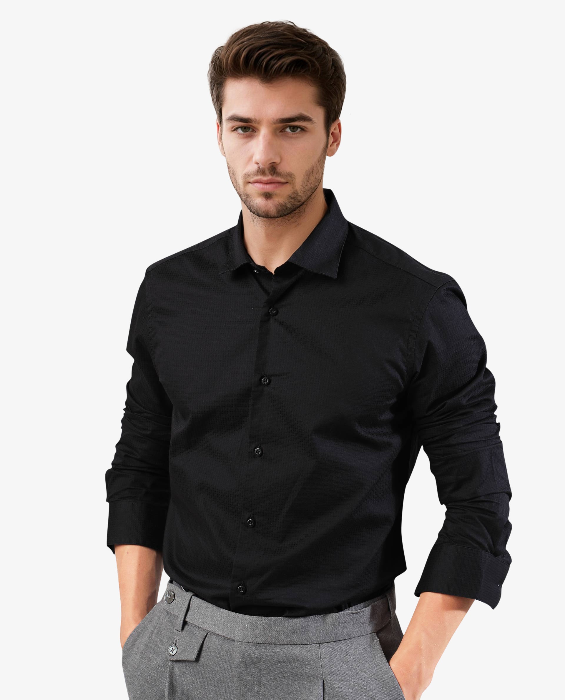 Rare Rabbit Men's Cents Black Dobby Full Sleeves Solid Shirt