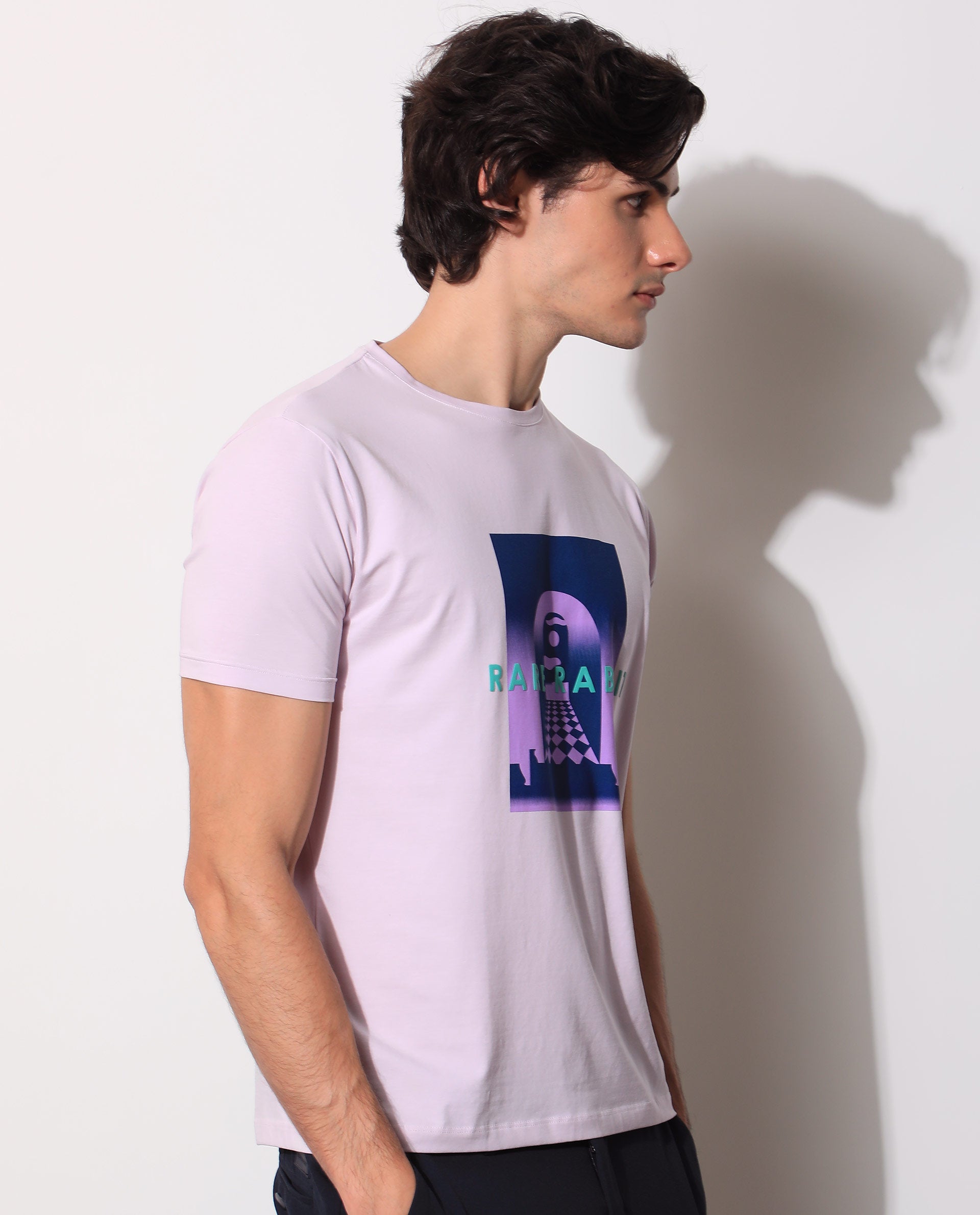 Rare Rabbit Men's Rives Pastel Purple Crew Neck Discharge and HD Print Branding Half Sleeves Slim Fit T-Shirt
