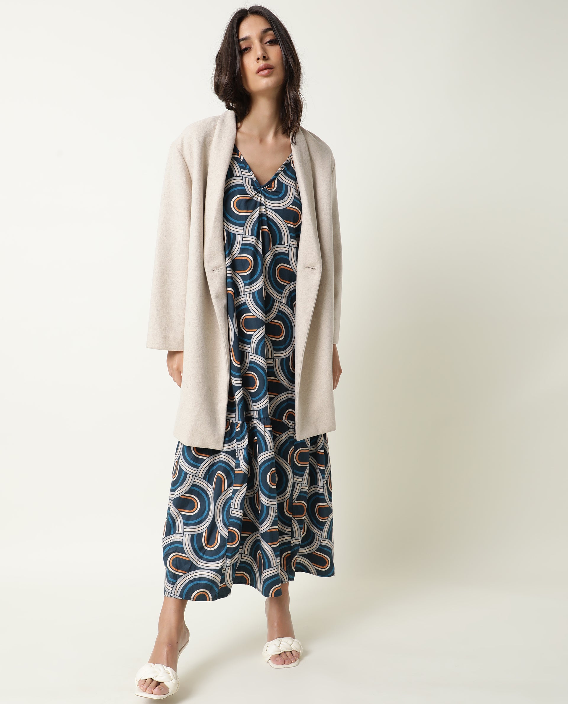 Rareism Women Botany Blue V Neck Spaghetti Straps With Tie Up At Back And Pockets Maxi Dress