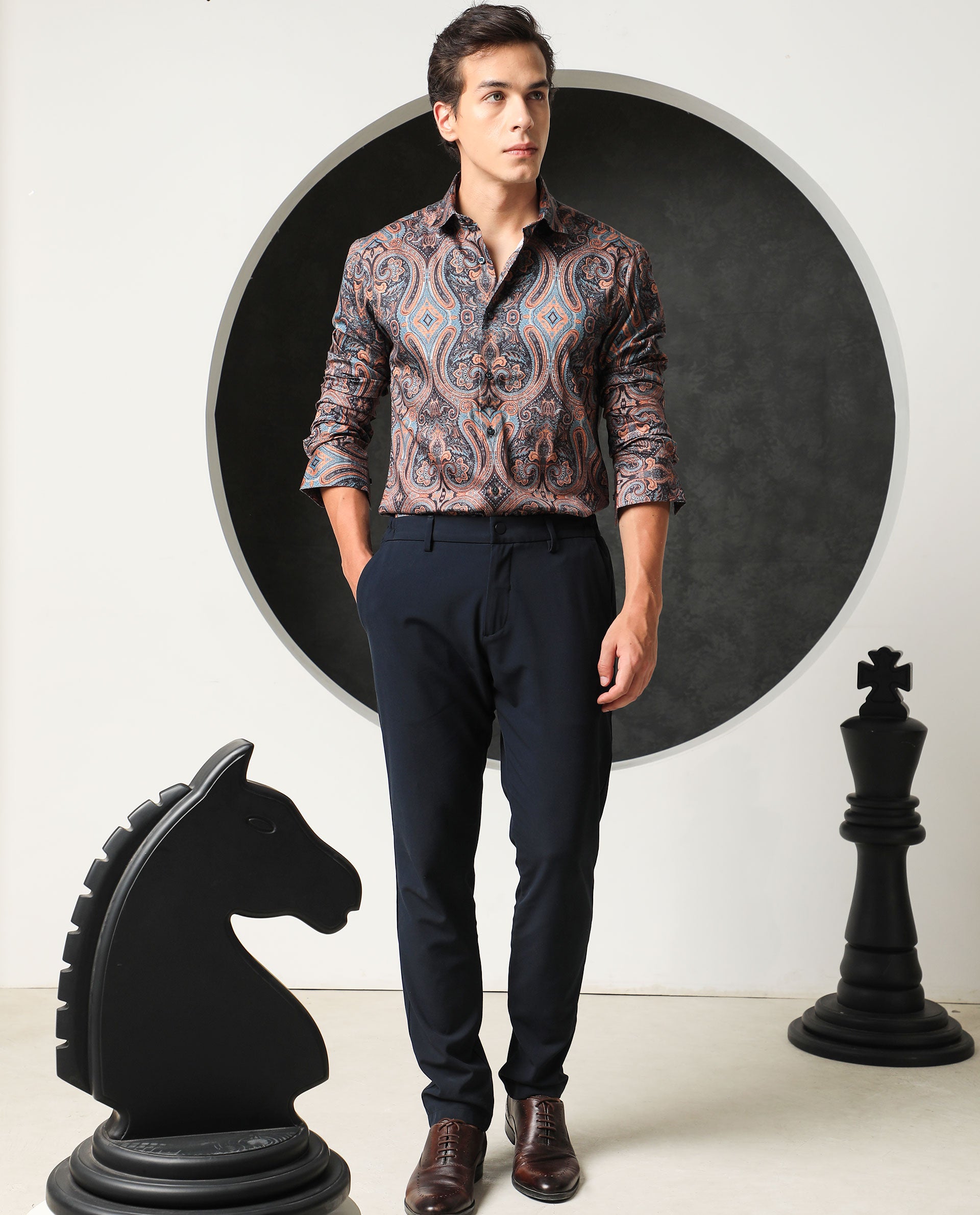 Rare Rabbit Men's Mergers Navy Cotton Fabric Full Sleeves Paisley Print Shirt