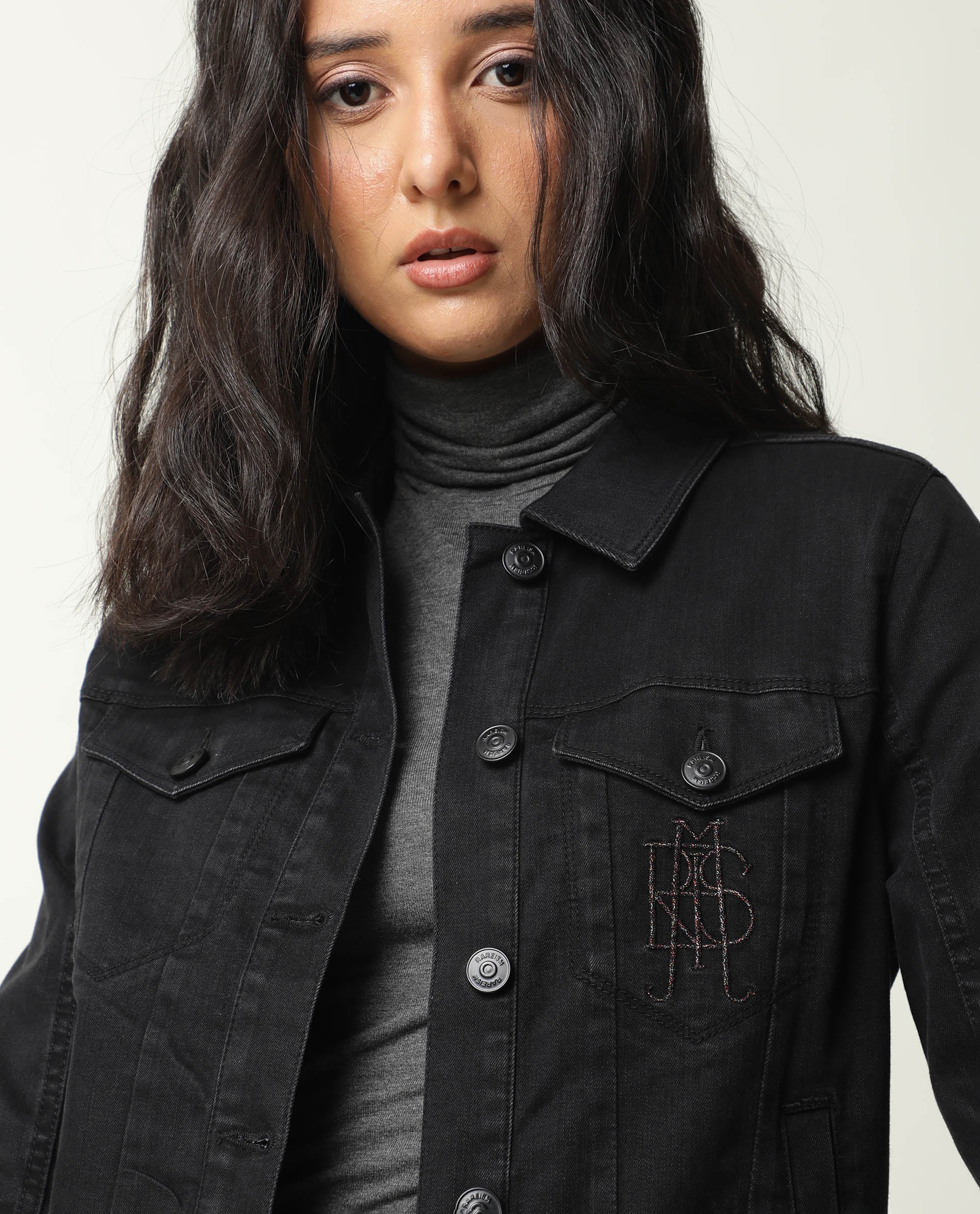Rareism Women Misso Black Cotton Lycra Fabric Full Sleeves Solid Shirt Collar Jacket