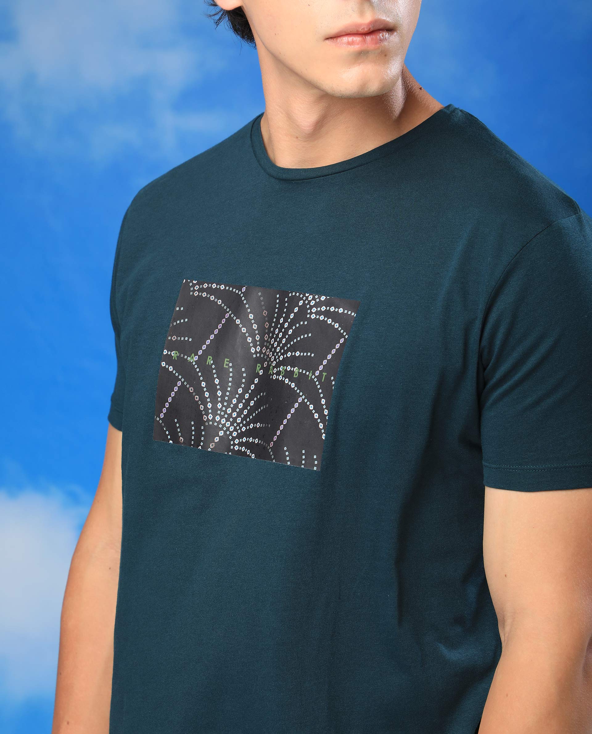 Rare Rabbit Men's Glams Green Crew Neck Abstract Graphic Logo Printed T-Shirt