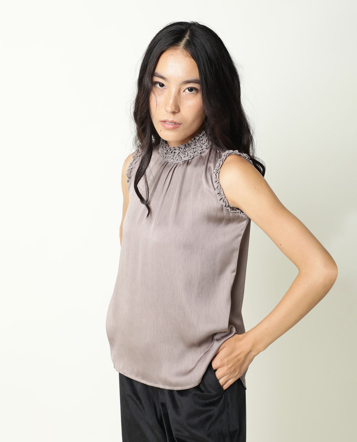 Rareism Womens Baileys Beige Top Polyester Fabric Sleeveless Ruffled Neck