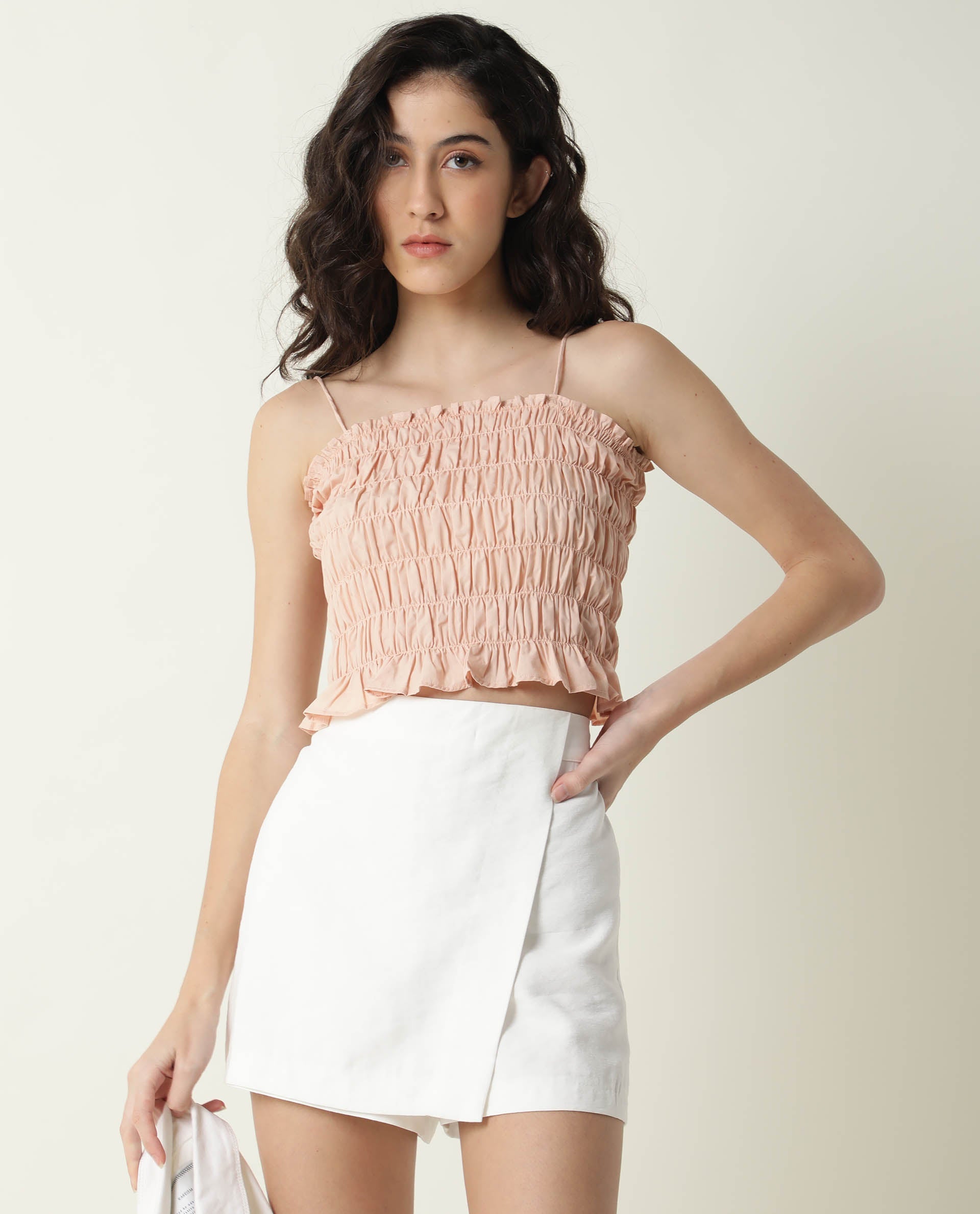 Rareism Womens Jaspersky Peach Top Cotton Fabric Sleeveless Square Neck