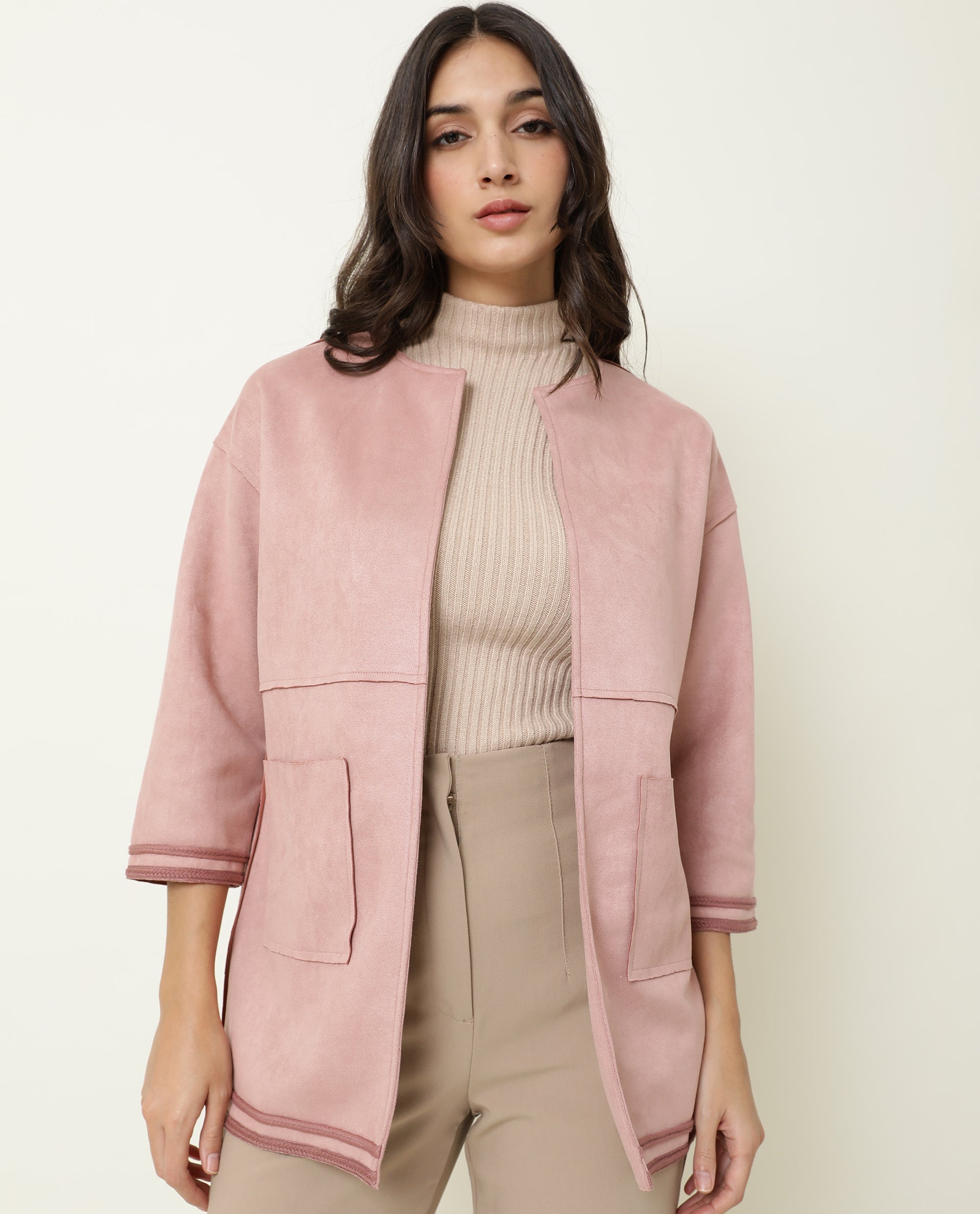 Rareism Women Square Dark Pink Polyester Fabric 3/4Th Sleeves Solid Boat Neck Jacket