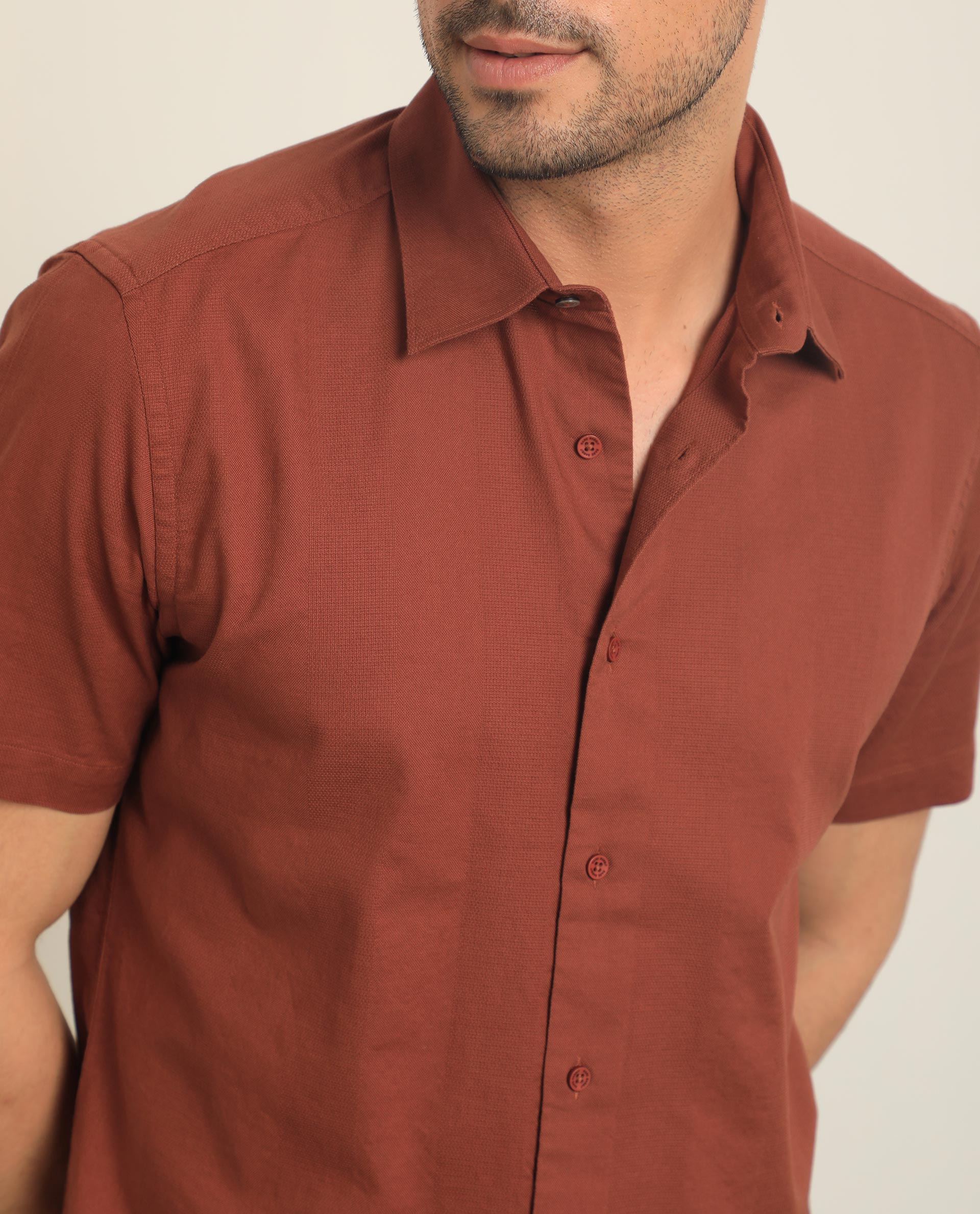 Rare Rabbit Men's Matto Rust Cotton Fabric Short Sleeve Regular Fit Self Stripe Dobby Shirt