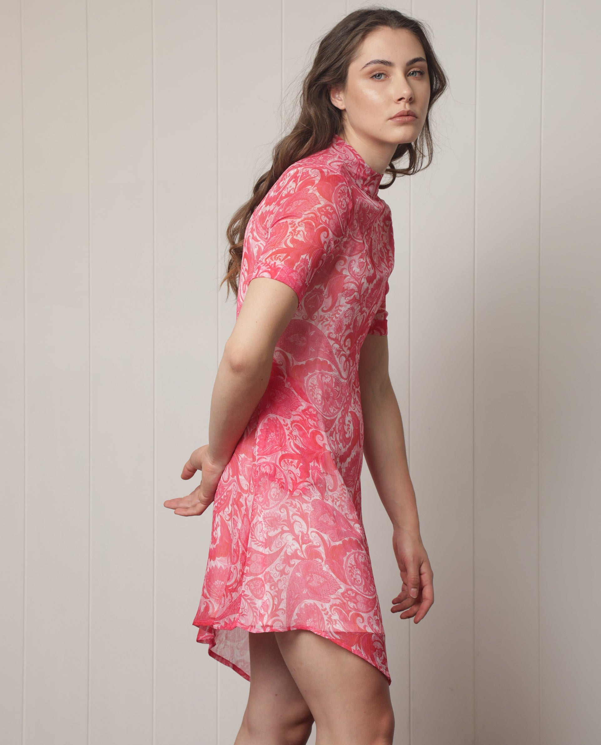 Rareism Women's Beryl Pink Polyester Fabric High Neck Zipper Closure Half Sleeve Paisley Print Knee Length Dress