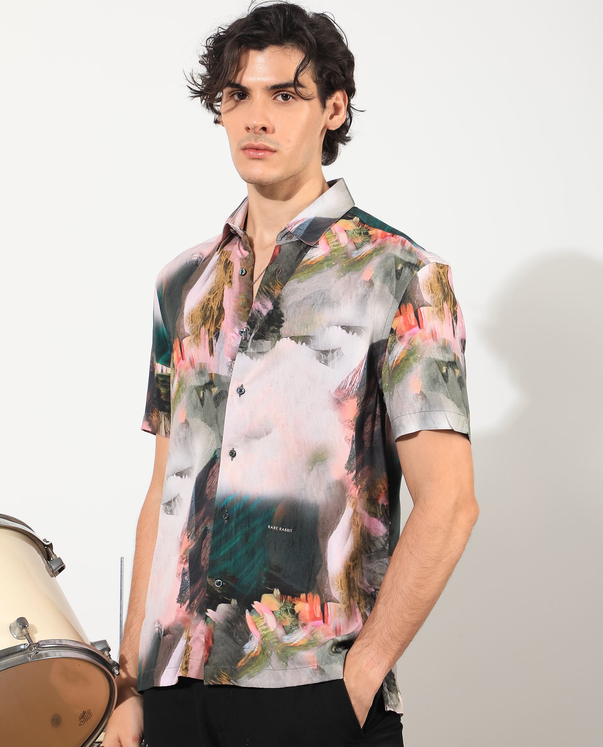 Rare Rabbit Men's Painter Green Viscose Fabric Half Sleeves Abstract Print Shirt