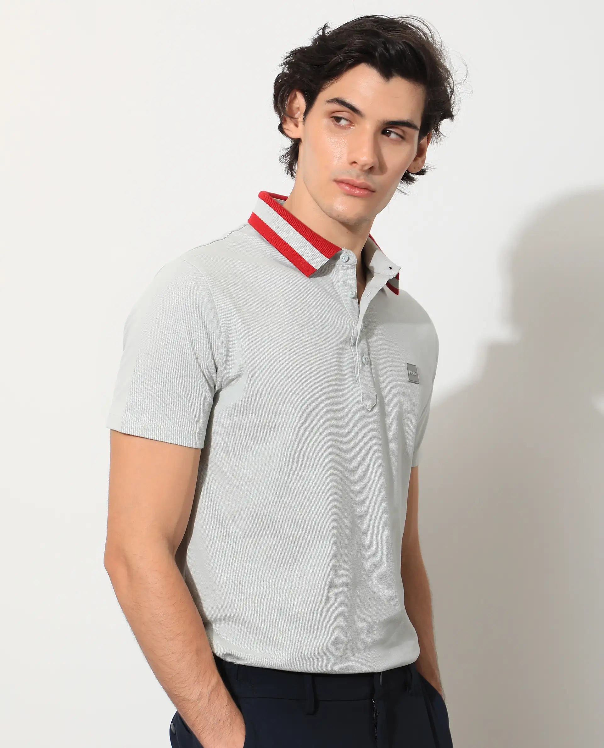 Rare Rabbit Men's Divide Light Grey Cotton Plain Regular Fit Half Sleeve Polo