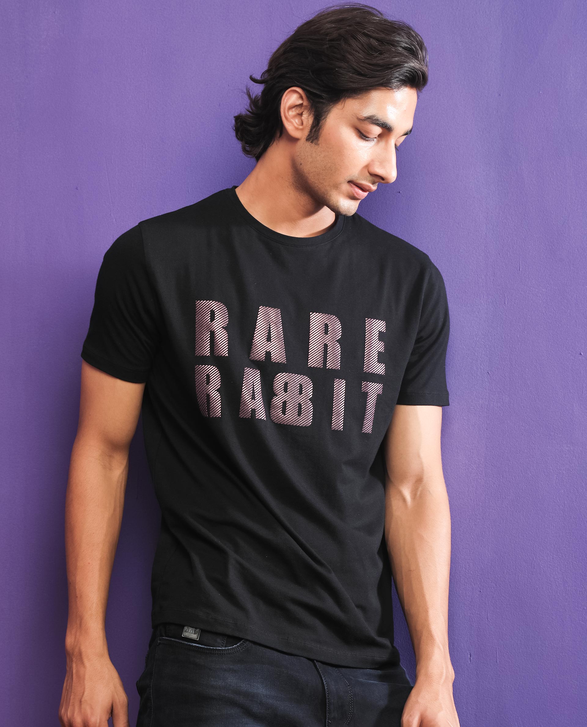 Rare Rabbit Mens Electricc Black Cotton Lycra Fabric Short Sleeves Crew Neck Slim Fit T-Shirt