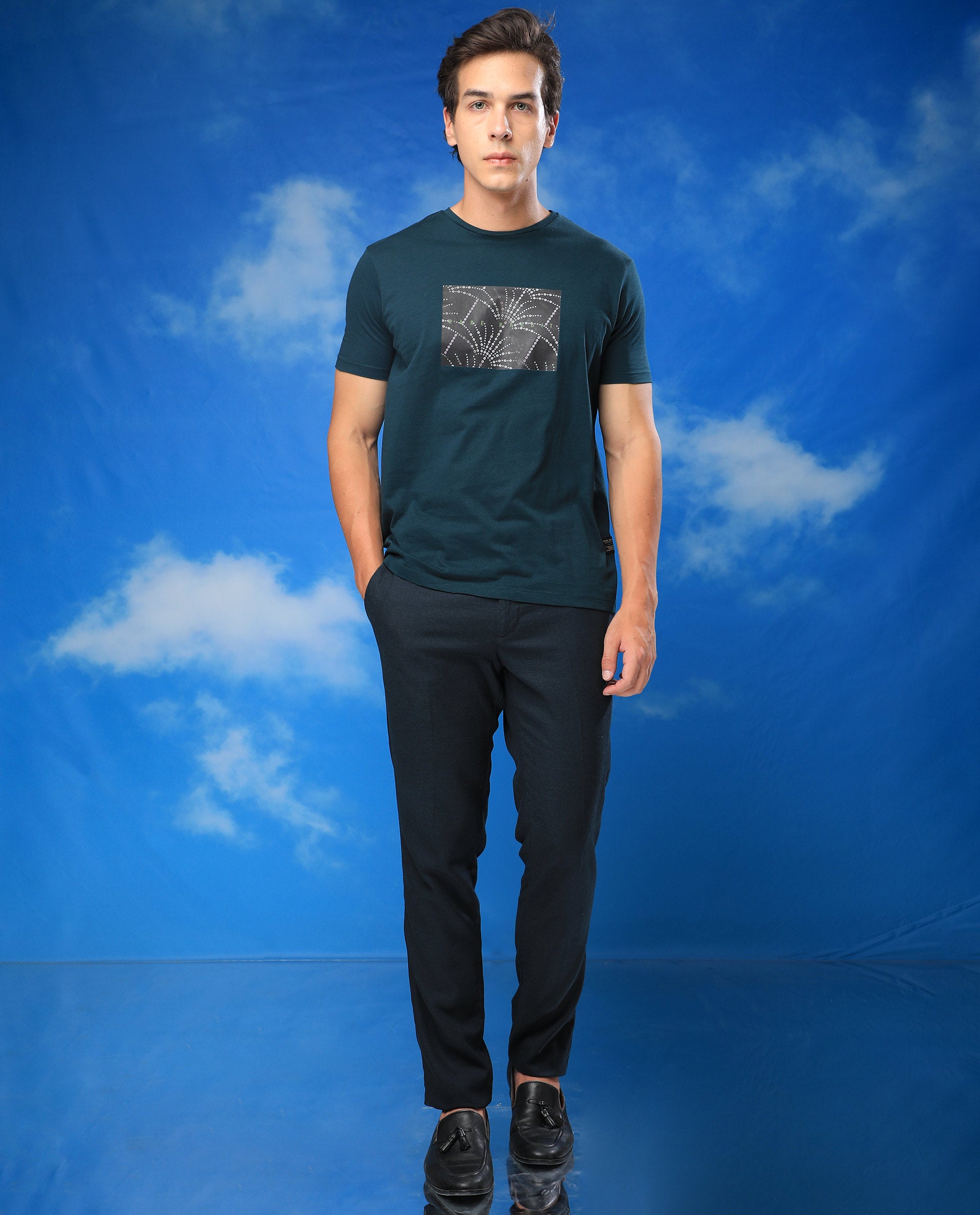 Rare Rabbit Men's Glams Green Crew Neck Abstract Graphic Logo Printed T-Shirt