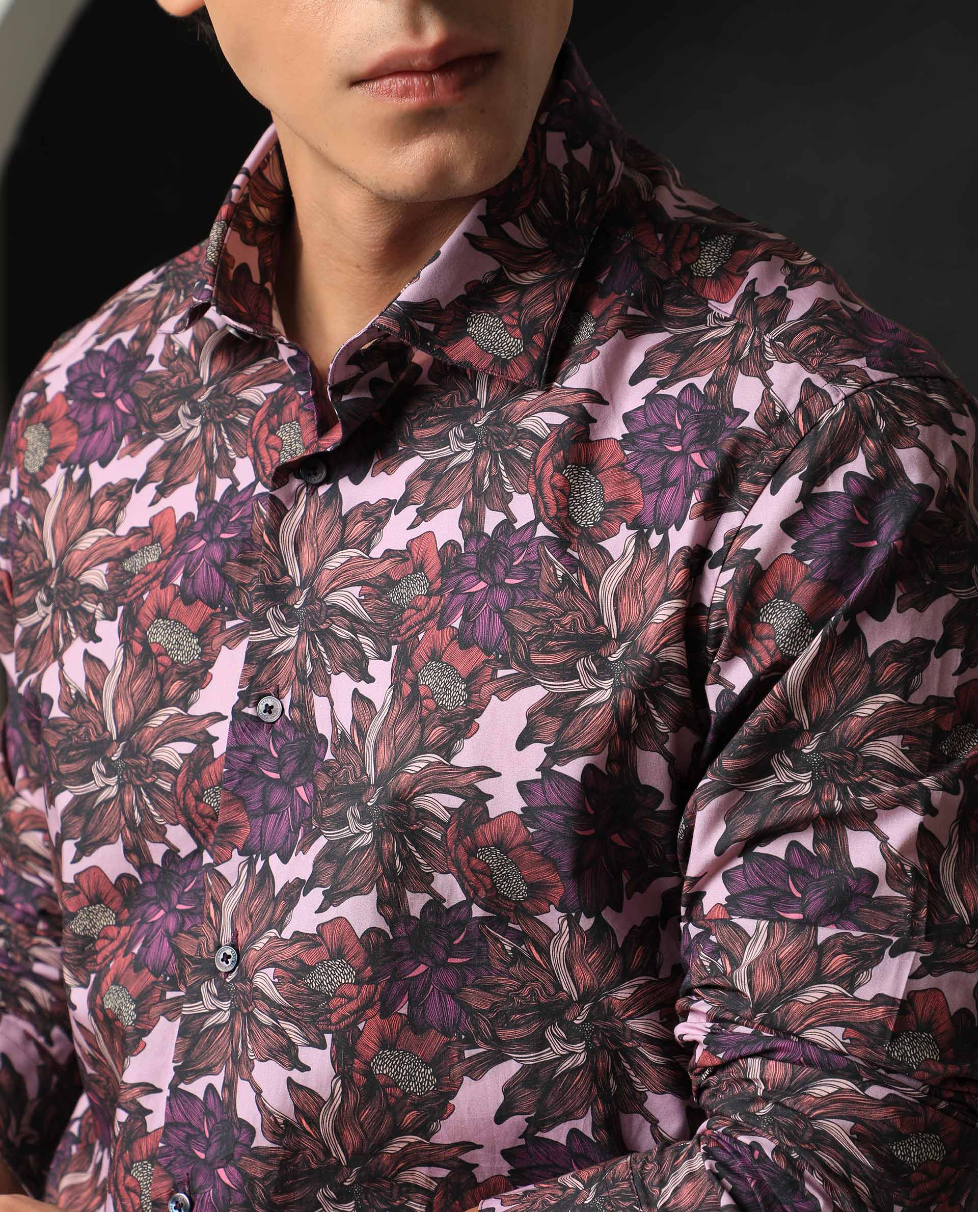 Rare Rabbit Men's Ezees Purple Cotton Fabric Floral Print Full Sleeves Shirt