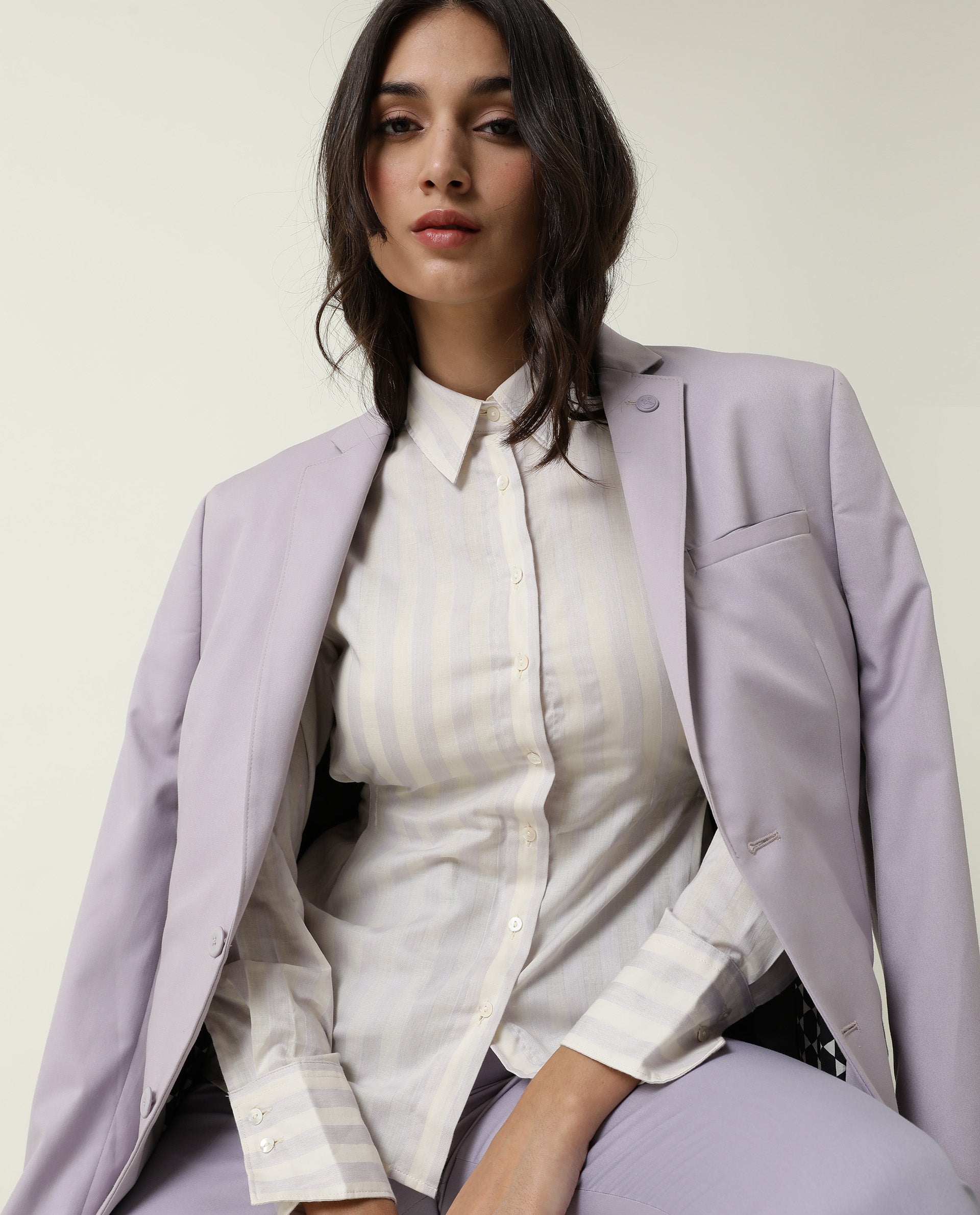 Rareism Women Pickle Yellow Cotton Fabric Regular Fit Shirt Collar Full Sleeves Striped Top