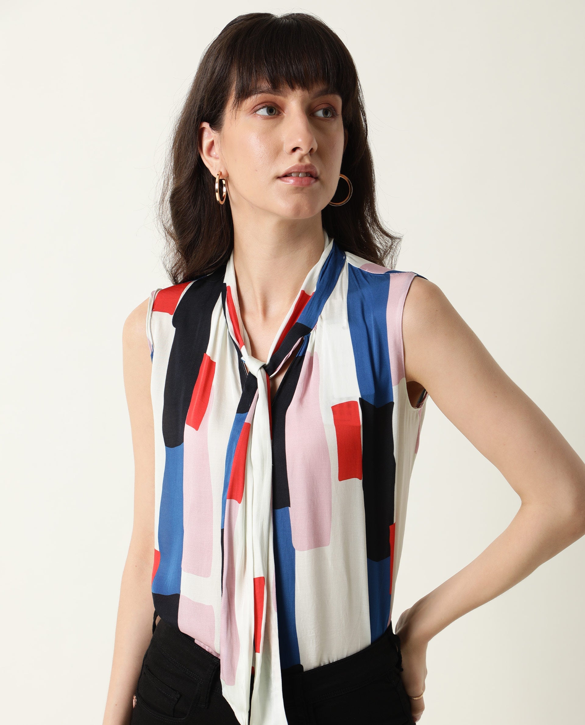 Rareism Womens Jazzes White Top Modal Satin Fabric Regular Fit Sleeveless Tie Up Neck