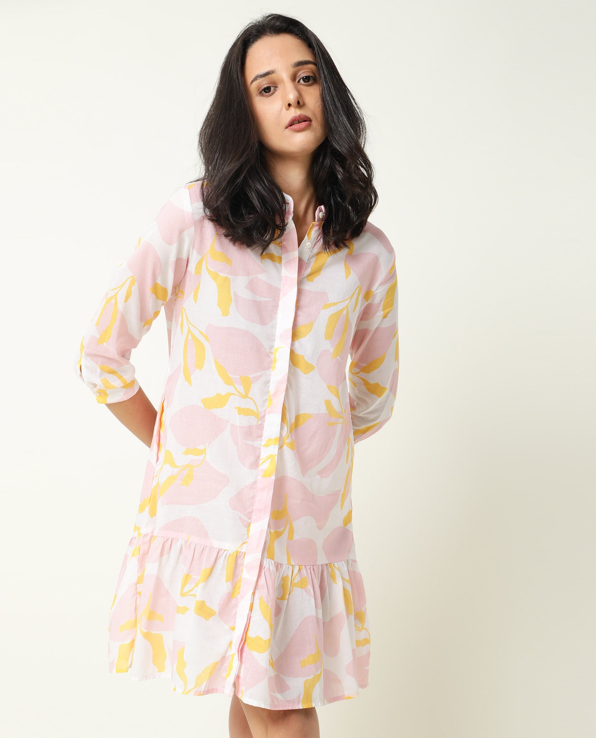 Rareism Women Champ Pink Abstract Print High Neck 3/4 Sleeves Front Full Button Closure Placket Mini Dress