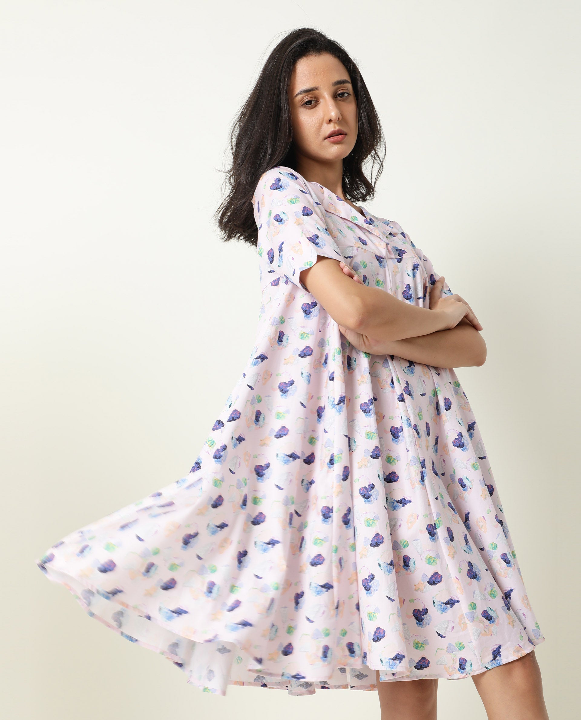 Rareism Women Allia Pink Printed Overlap Lapel Collar Short Sleeves Flared Mini Dress