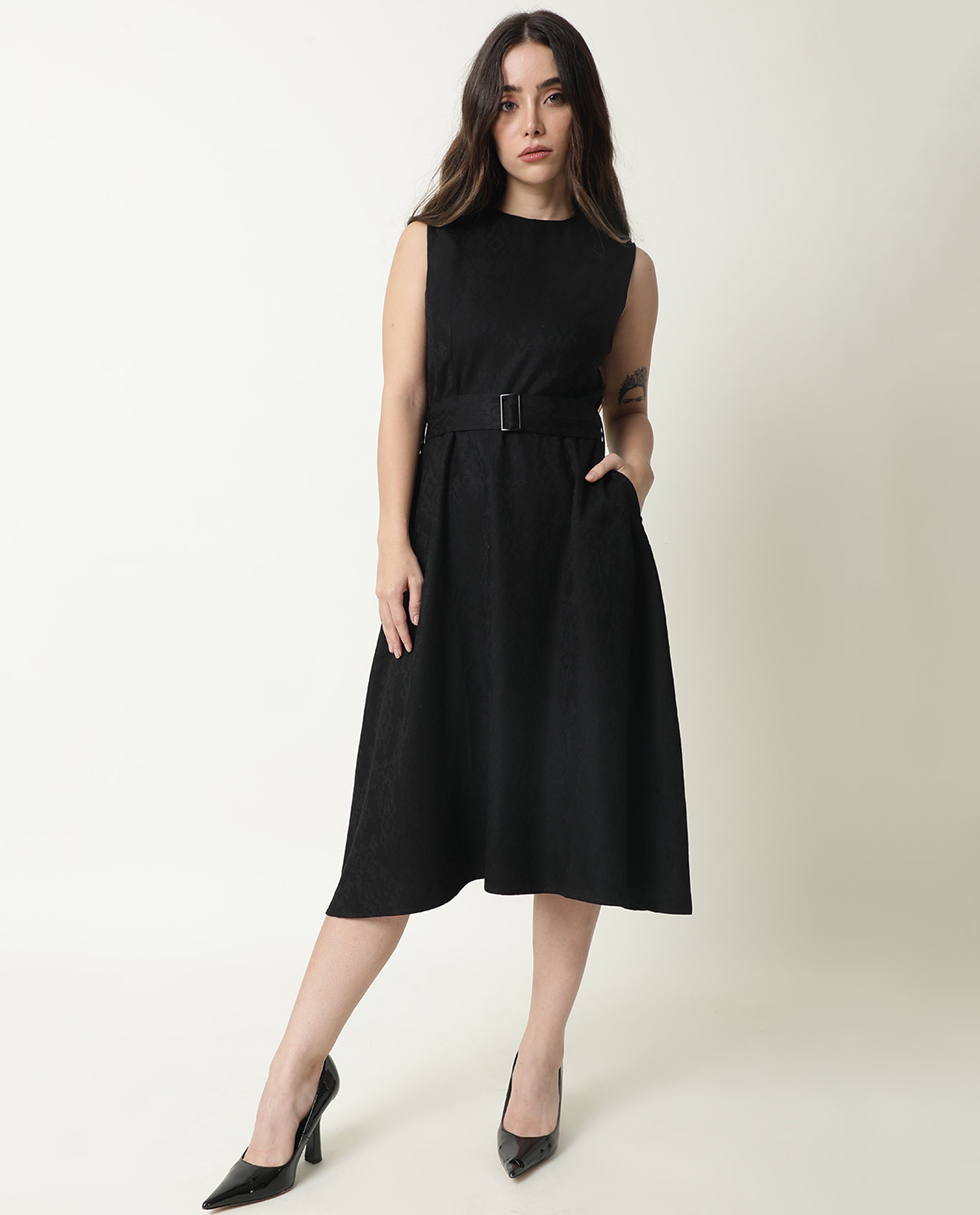 Rareism Women Lacau Black Boat Neck Sleeveless With Fabric Belt Buckle Back Zip Closure Midi Dress