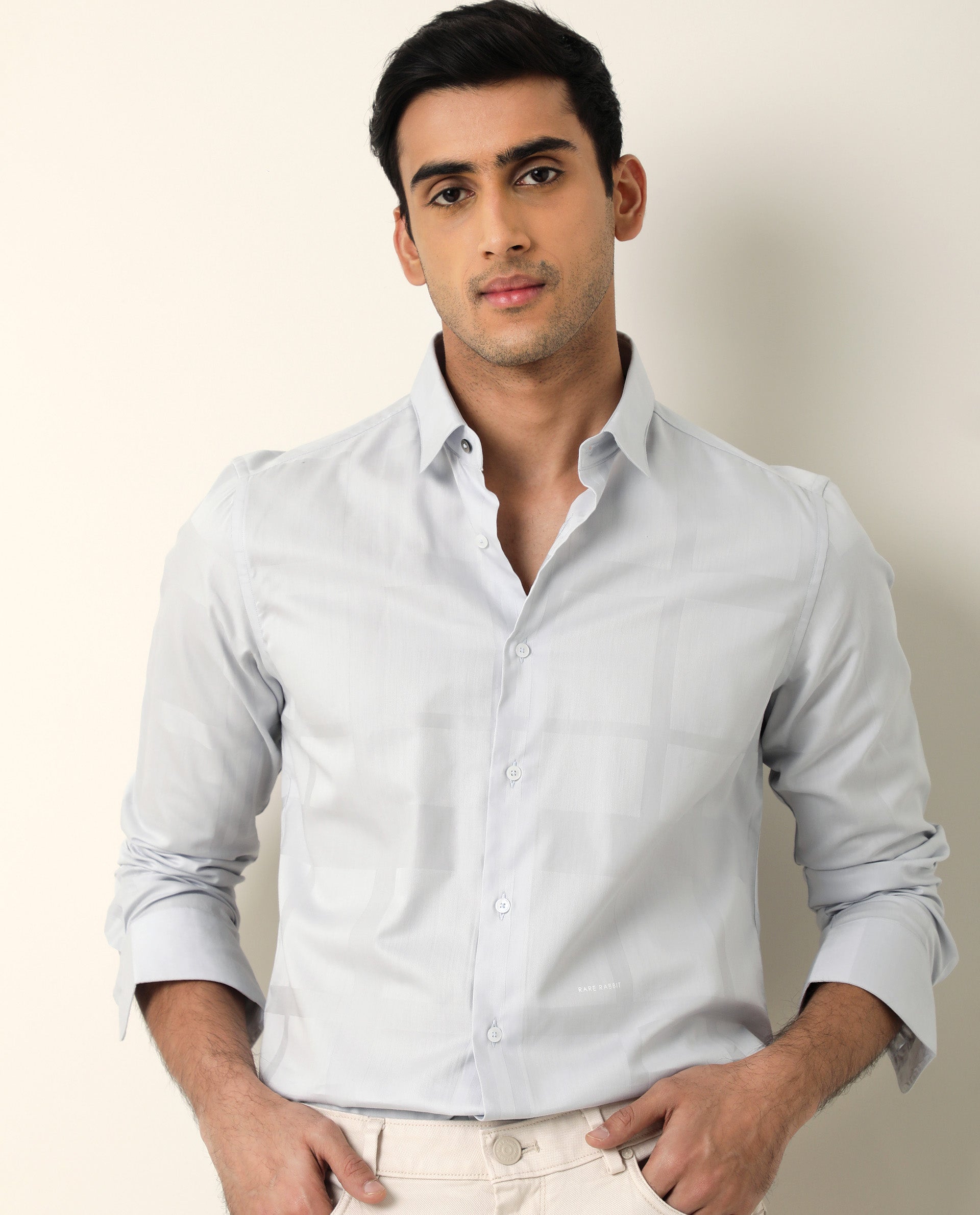 Rare Rabbit Men's Boxline Light Blue Cotton Lyocell Fabric Full Sleeves Checks Print Shirt