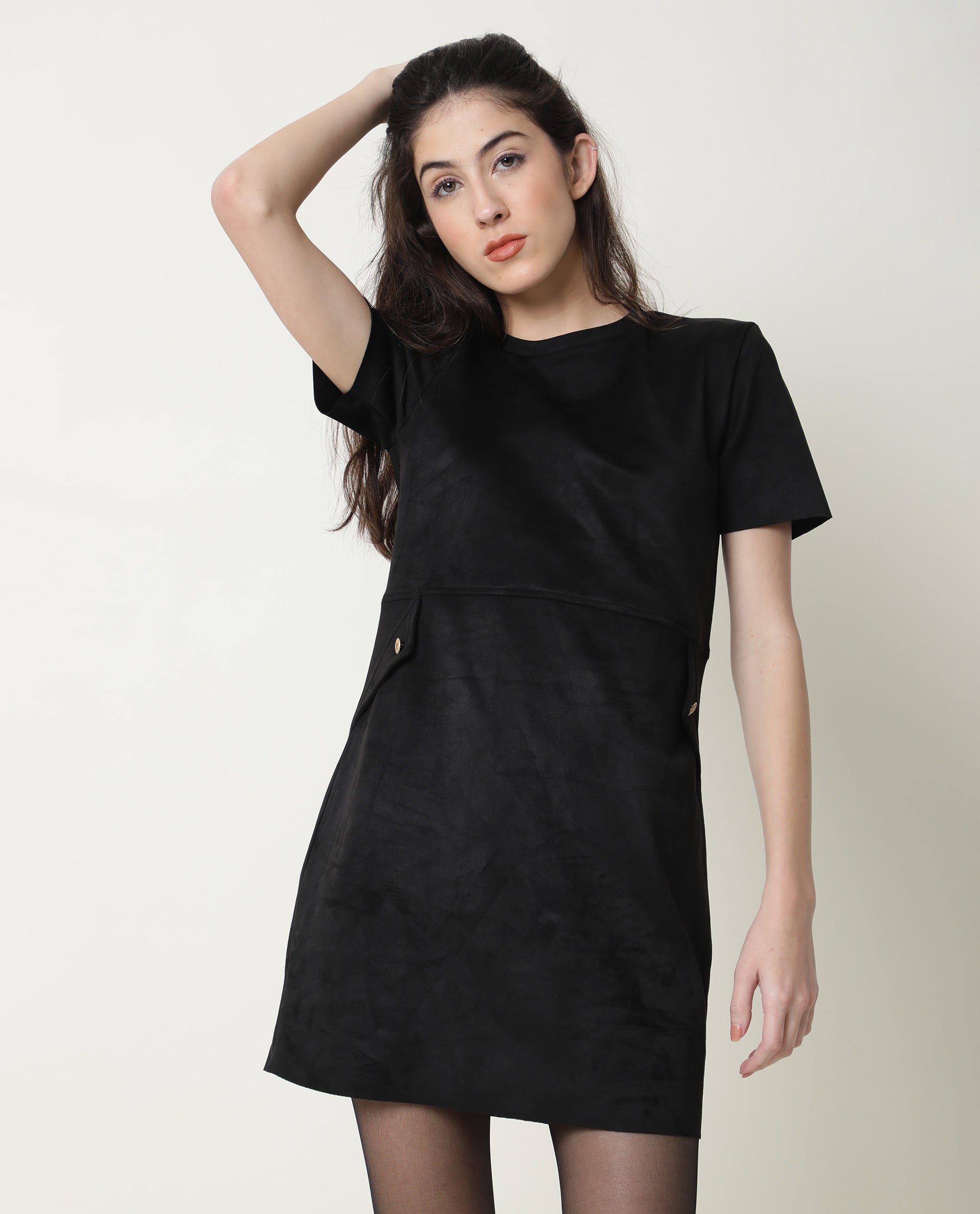 Rareism Women Sions Black Round Neck Short Sleeves Mini Dress