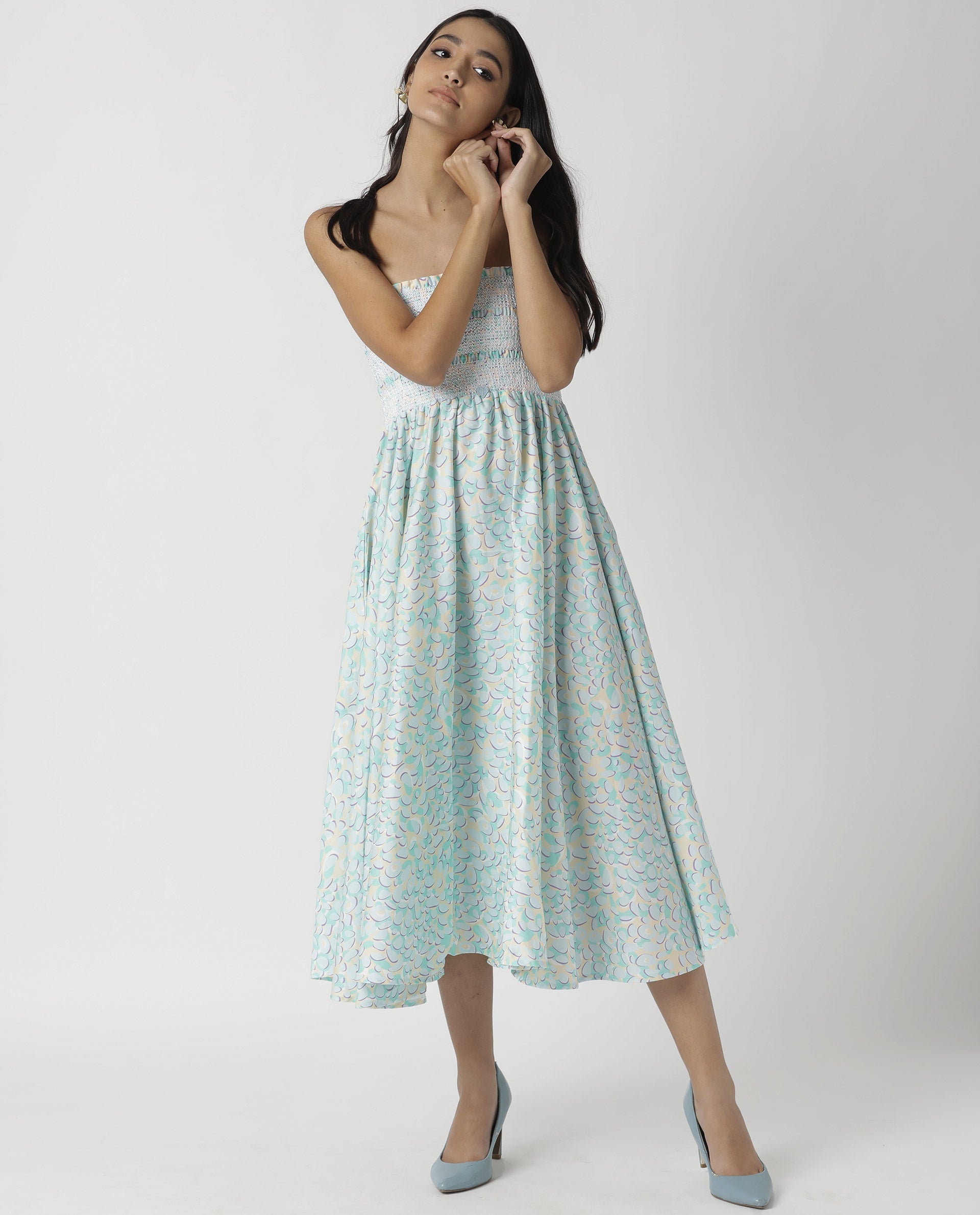 Rareism Women Toki Purple Dress Cotton Satin Fabric Sleeveless Printed