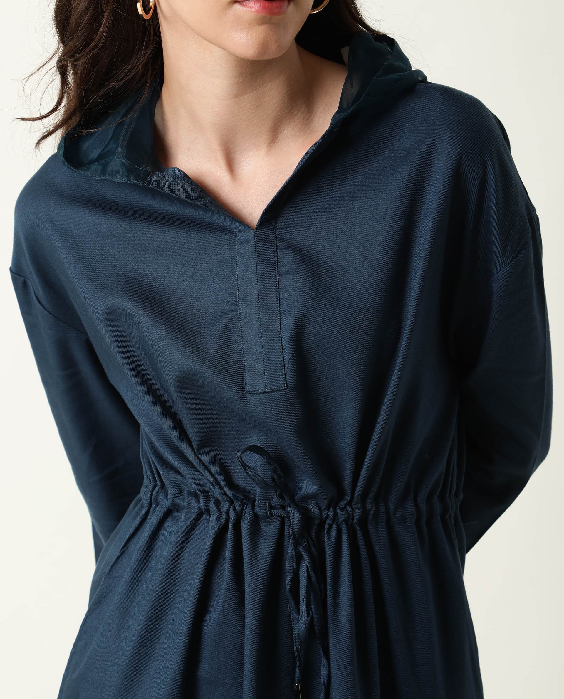 Rareism Womens Chalk Petrol Dress Tencel Fabric Hooded Long Length