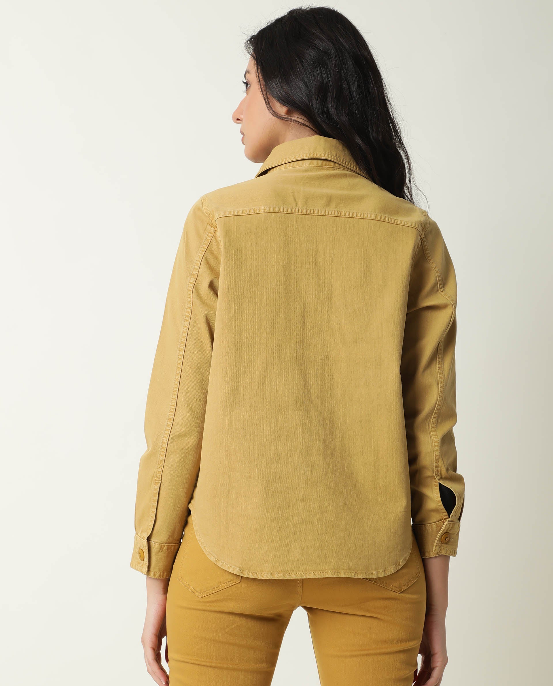 Rareism Women Mission Mustard Cotton Lycra Fabric Full Sleeves Solid Shirt Collar Jacket