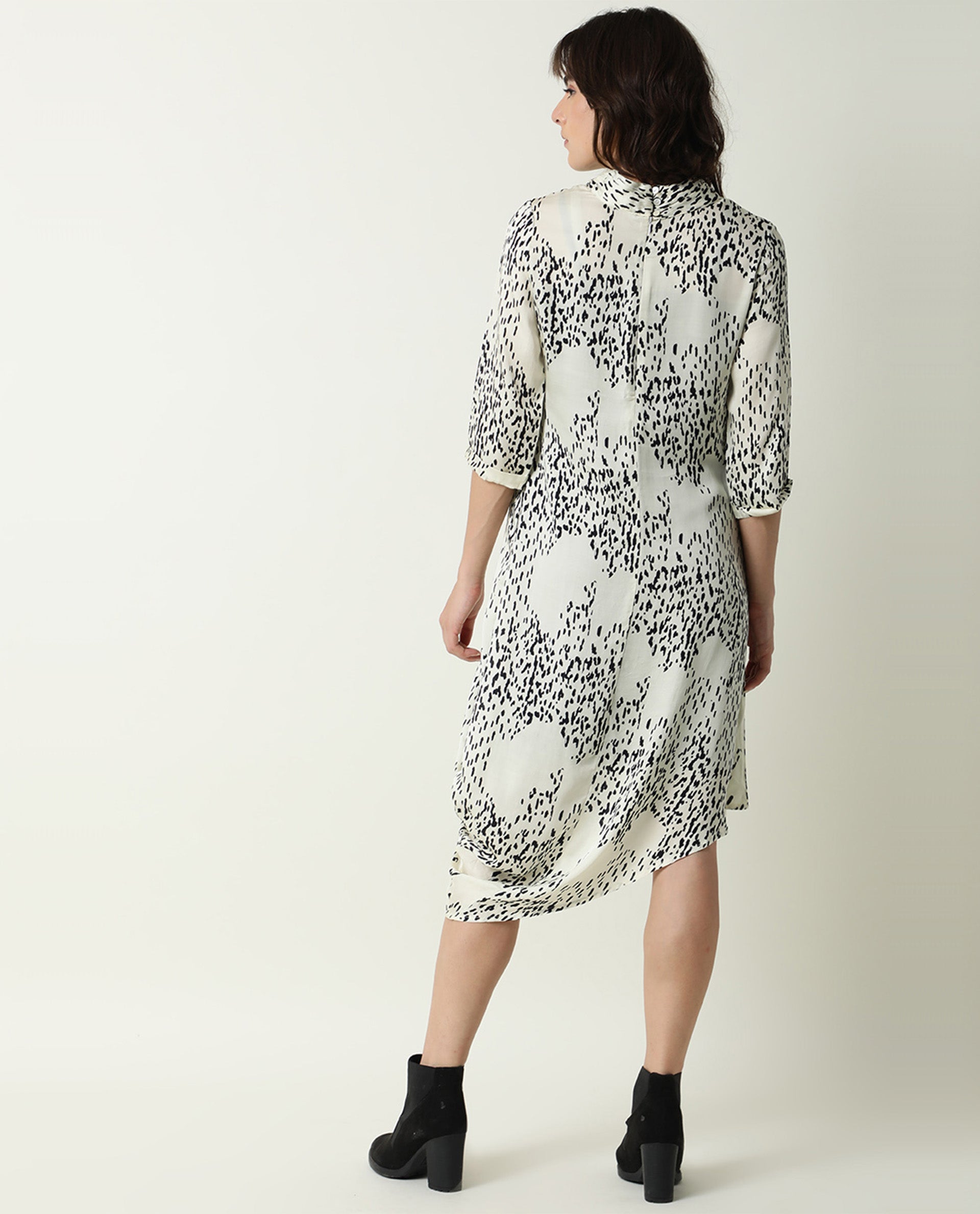 Rareism Women Zoella Off White Abstract High Neck 3/4 Sleeves With Pocket Asymmetrical Knee Length Dress