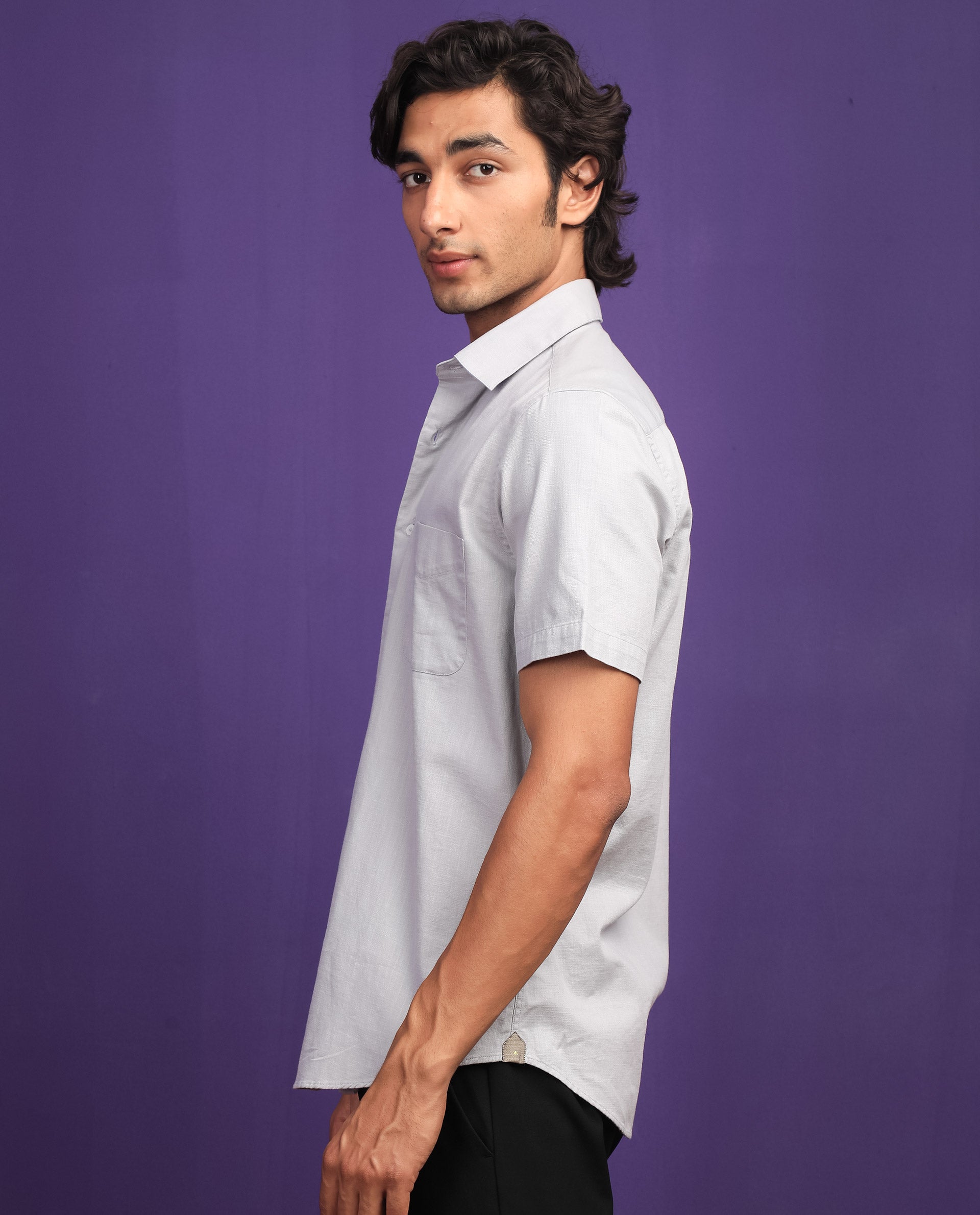 Rare Rabbit Men's Darwin Grey Cotton Fabric Half Sleeves Solid Shirt