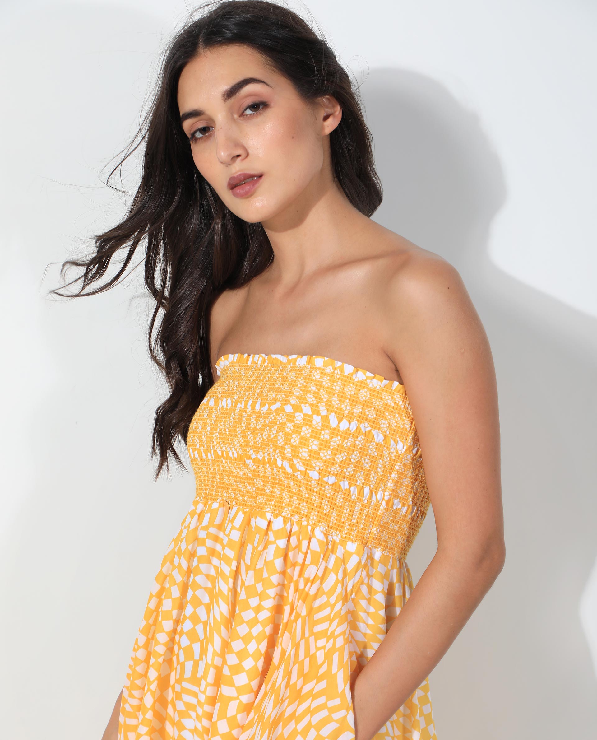 Rareism Women Daffodil Yellow Cotton Fabric Sleeveless Tube Neck Shoulder Straps Regular Fit Print Knee Length Dress