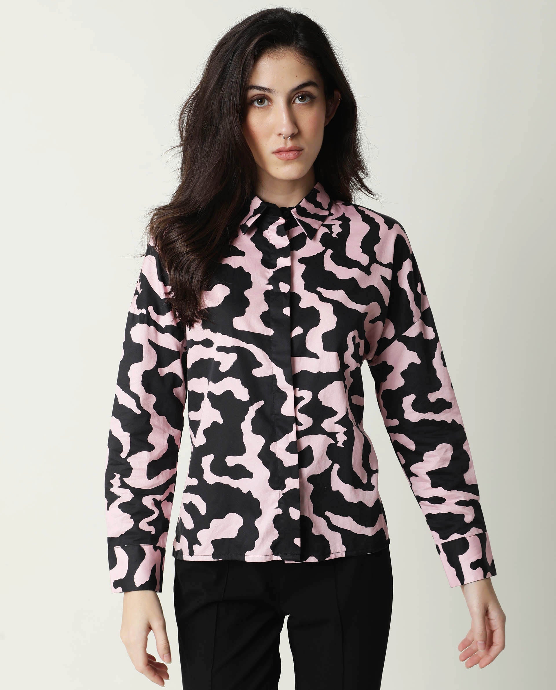 Rareism Women Revolt Black Cotton Linen Fabric Regular Fit Collarless Full Sleeves Abstract Print Top