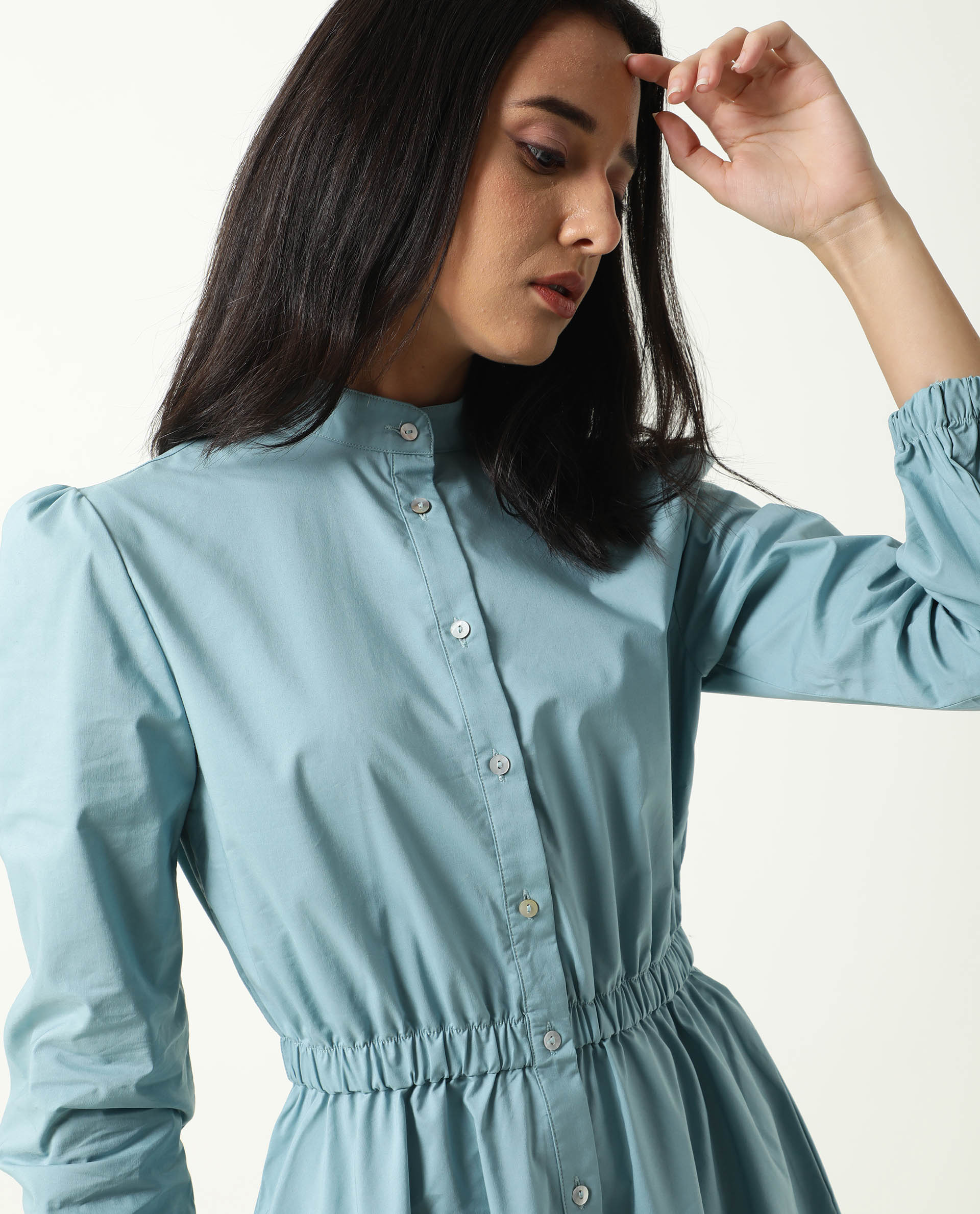 Rareism Women Darla Blue Mandarin Collar Full Front Button Closure Placket With Full Sleeves And Pocket Mini Dress