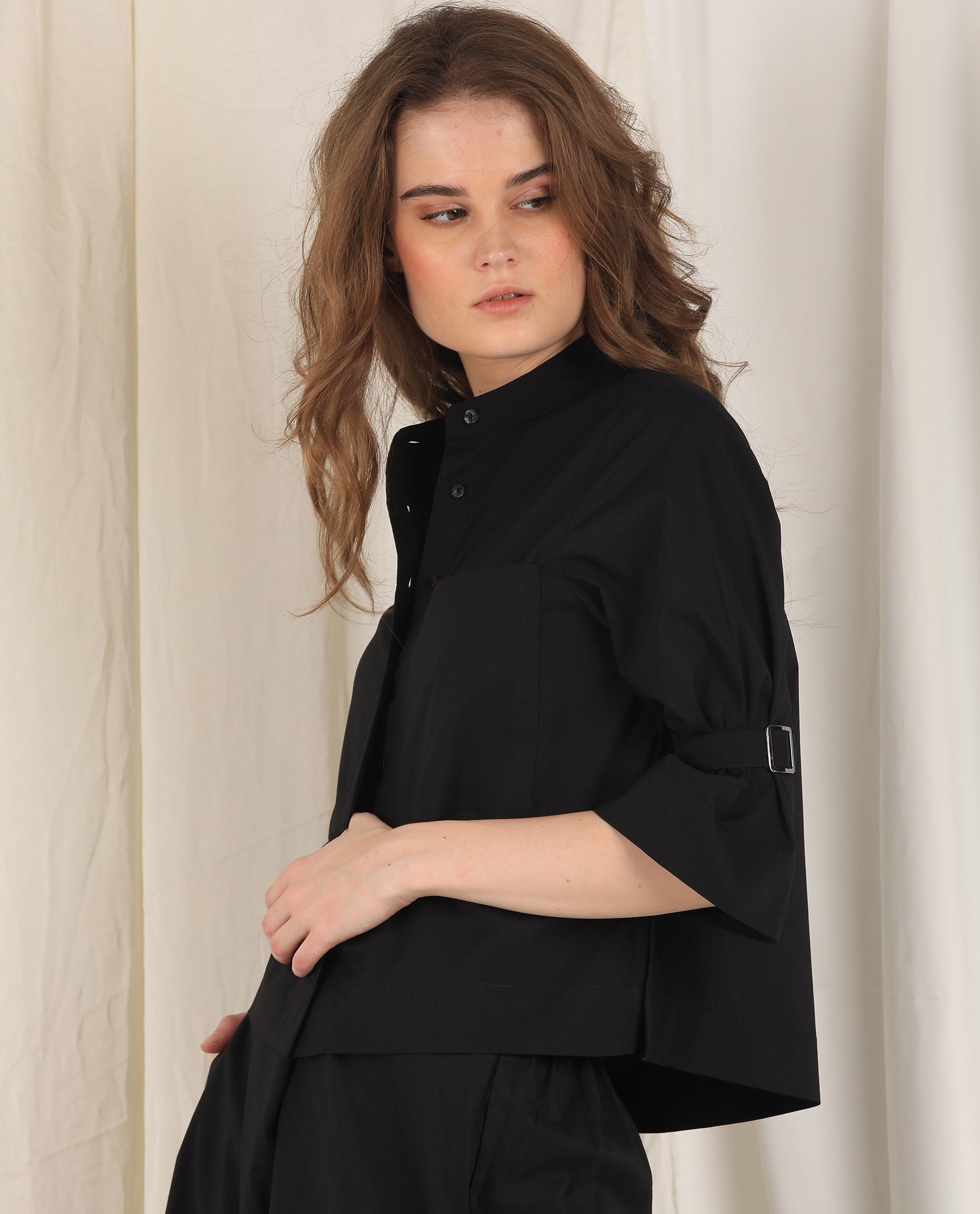 Rareism Womens Sendai Black Top Poly Lycra Fabric Regular Fit Half Sleeve Collared Neck