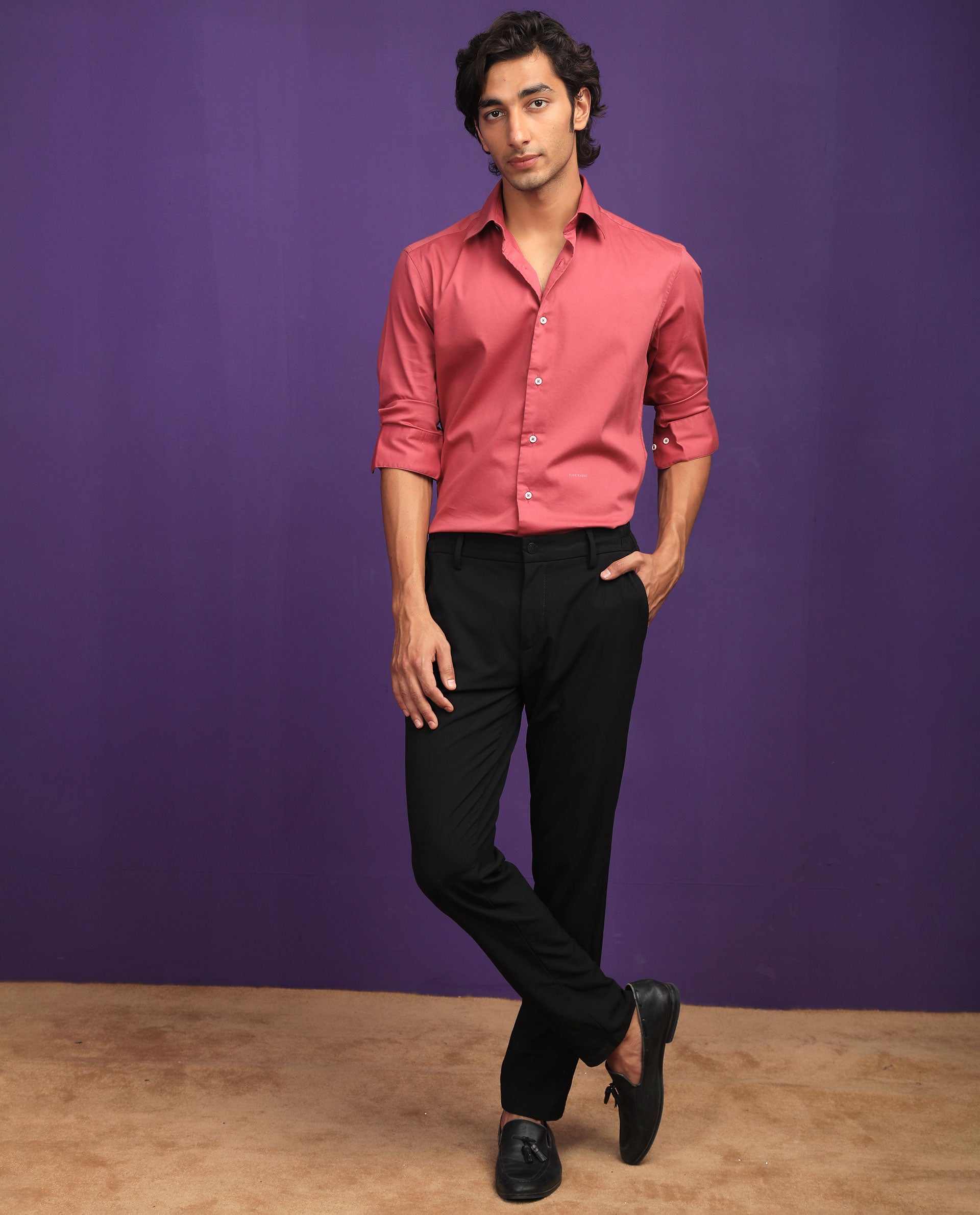 Rare Rabbit Mens Molde Dark Pink Cotton Fabric Full Sleeves Satin Shirt