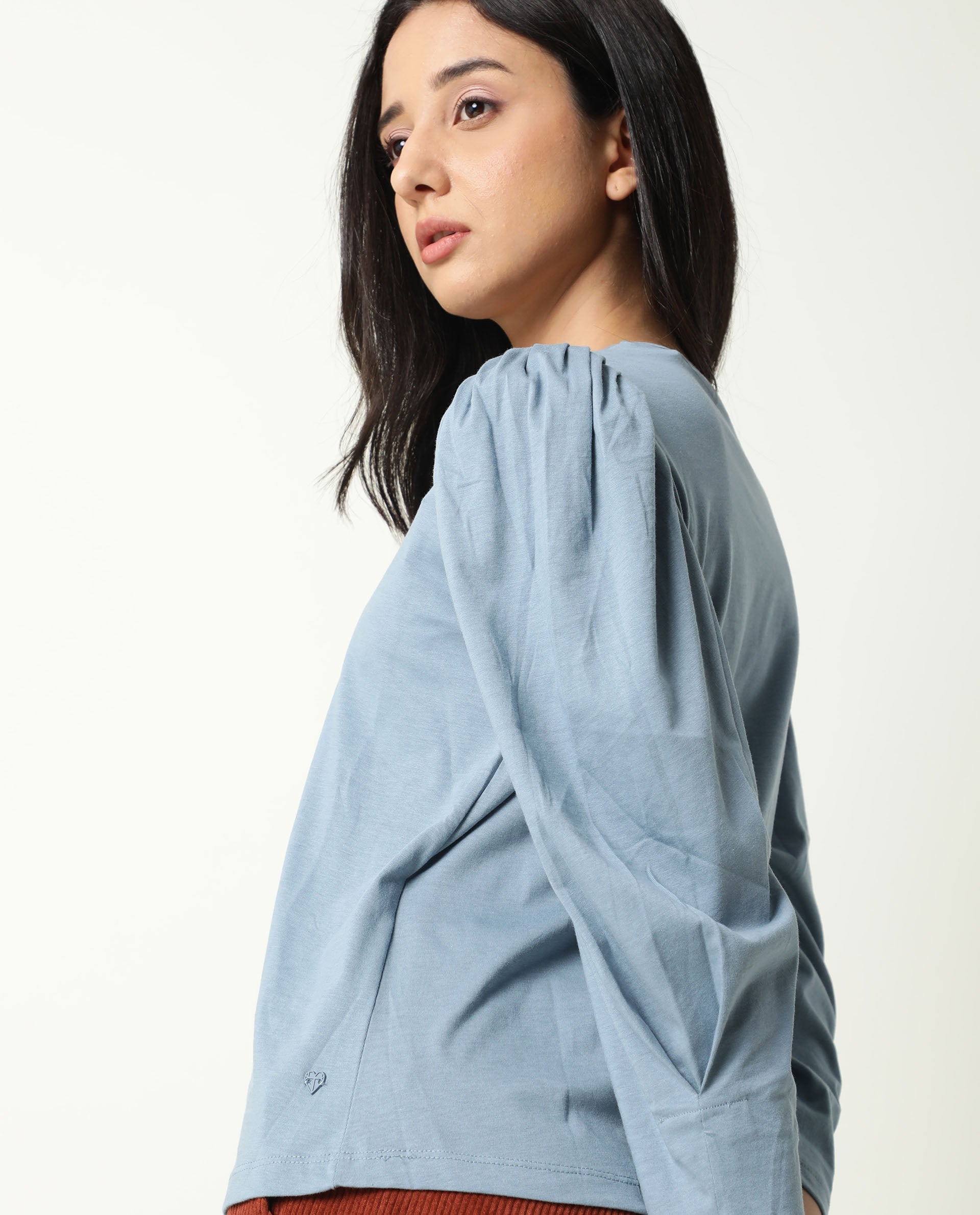 Rareism Women Ballerina Blue Cotton Fabric Regular Fit Knee Length Boat Neck 3/4Th Sleeves Solid Top