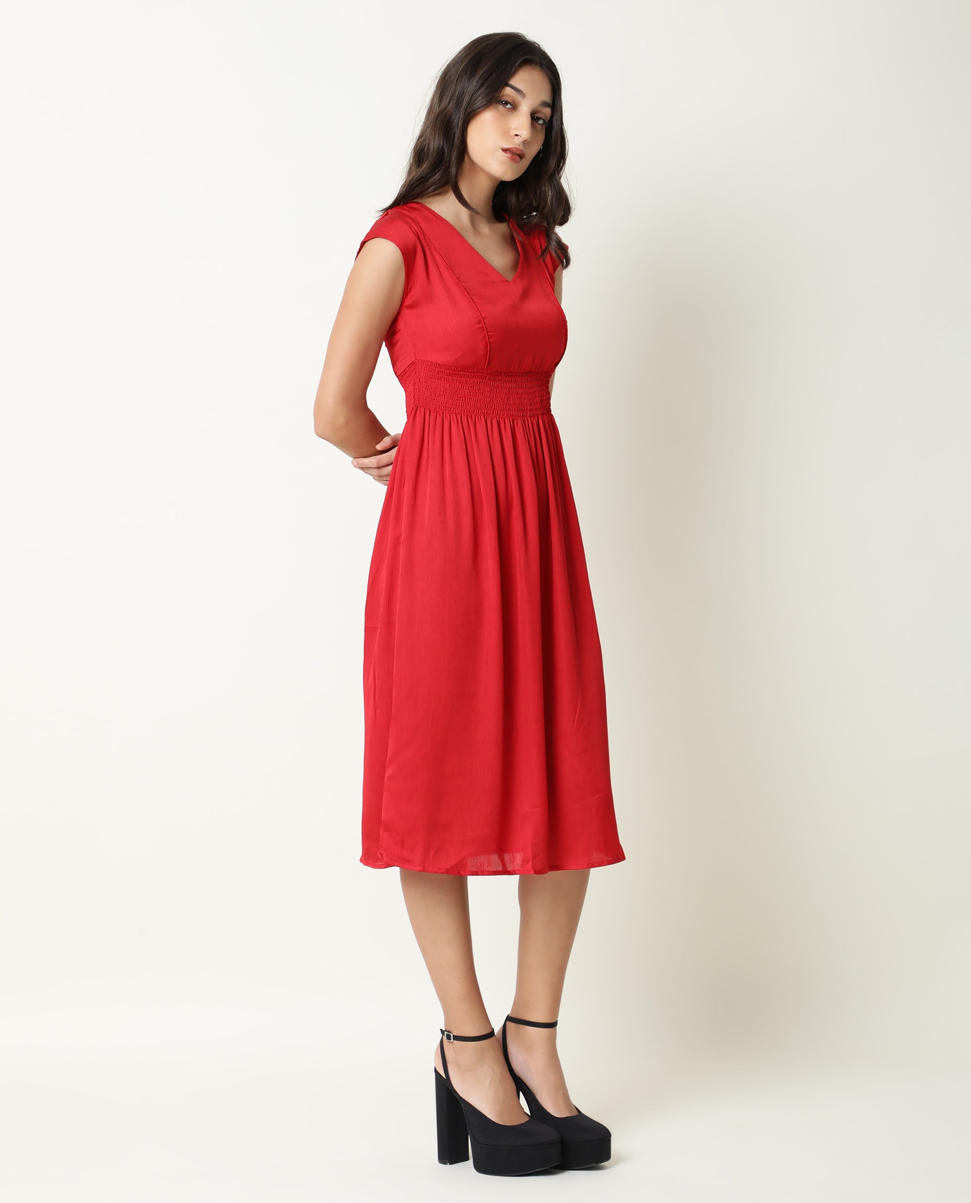 Rareism Women Milux Red V Neck Calf Sleeves Smocking Waist Knee Length Dress
