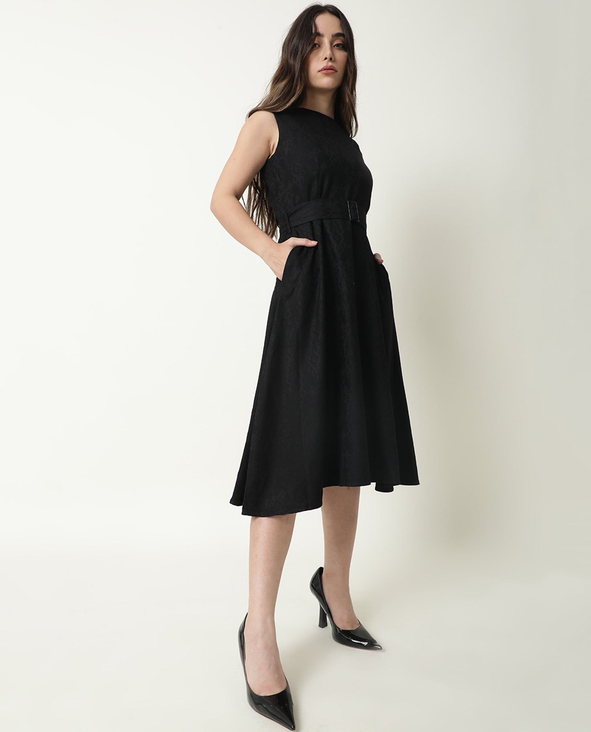 Rareism Women Lacau Black Boat Neck Sleeveless With Fabric Belt Buckle Back Zip Closure Midi Dress