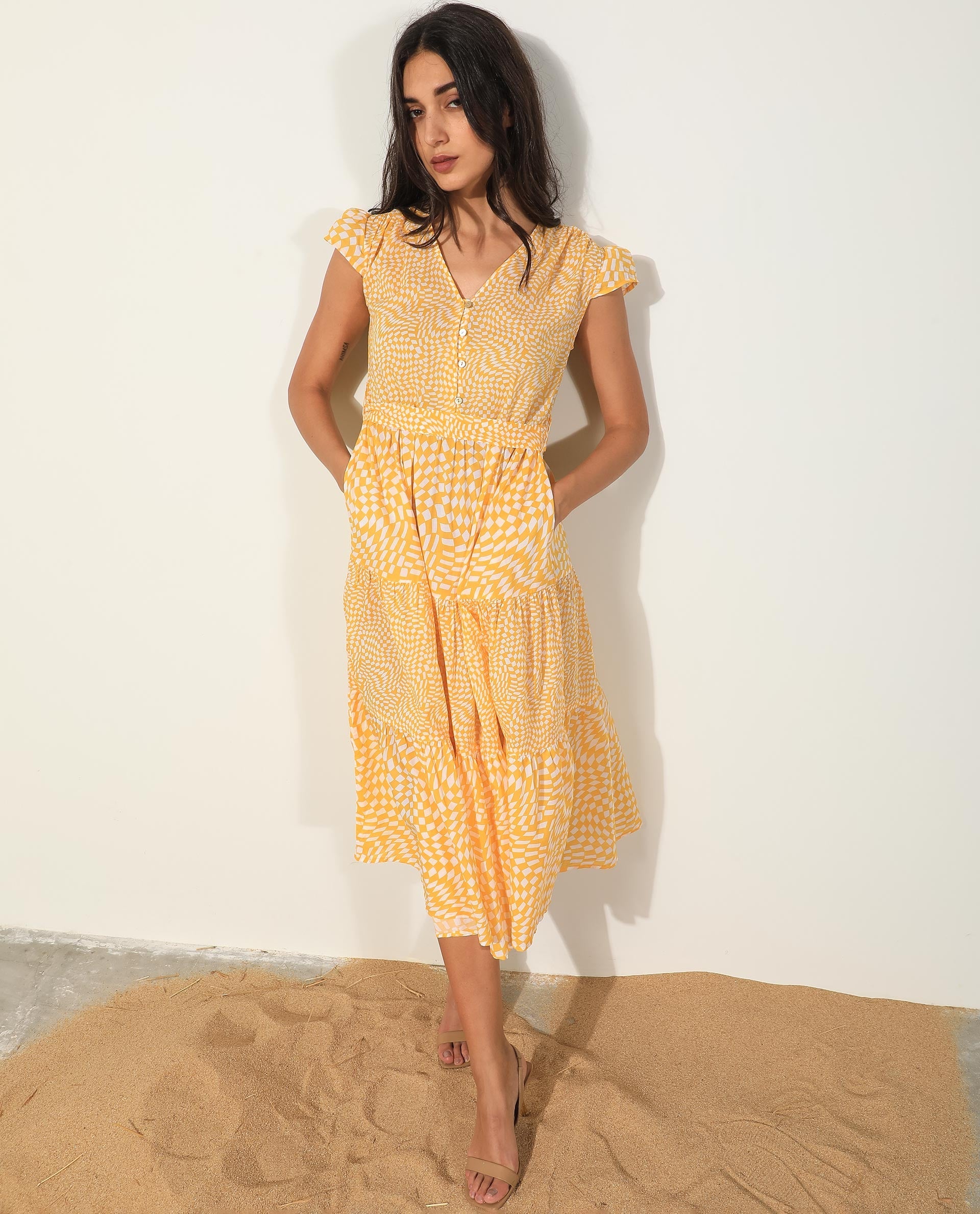 Rareism Women's Whitney Yellow Cotton Fabric V-Neck Button Closure Cape Sleeve Geometric Print Knee Length Dress