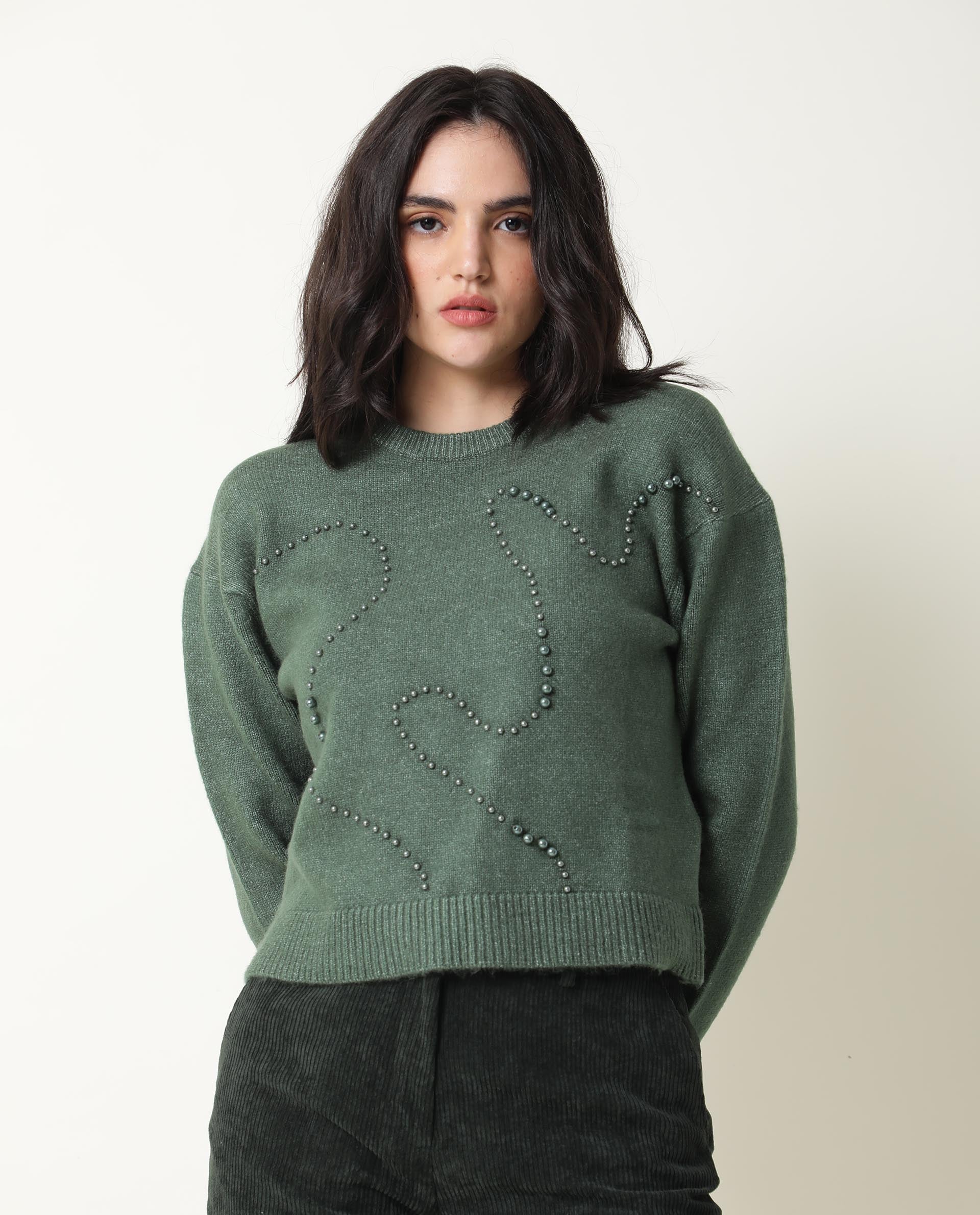 Rareism Women Tulsy Olive Acrylic Fabric Full Sleeves Knee Length Regular Fit Sequined Round Neck Sweater