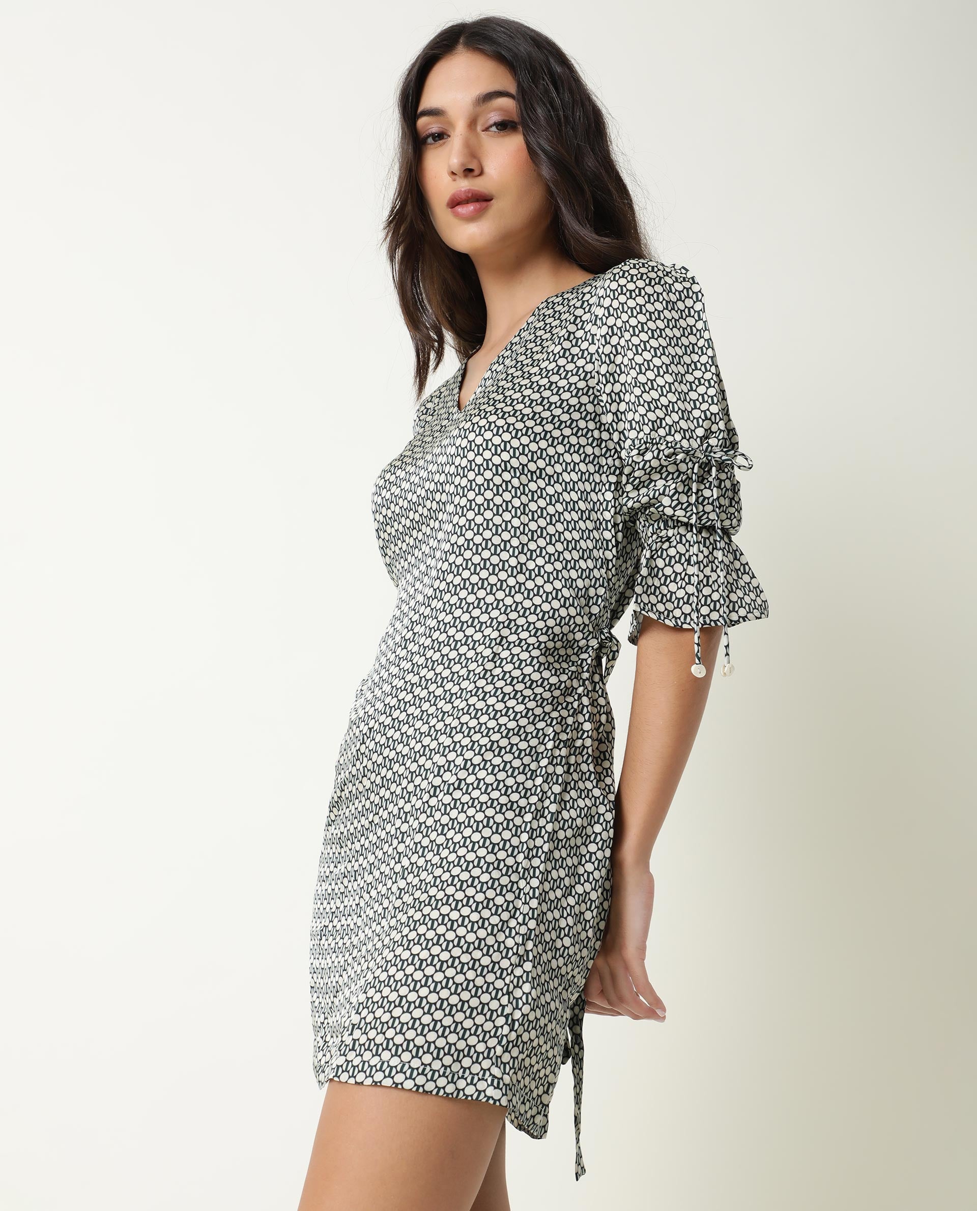 Rareism Women Cecilia Beige Geometric Print V Neck Short Sleeves With Drawstring Mini Dress