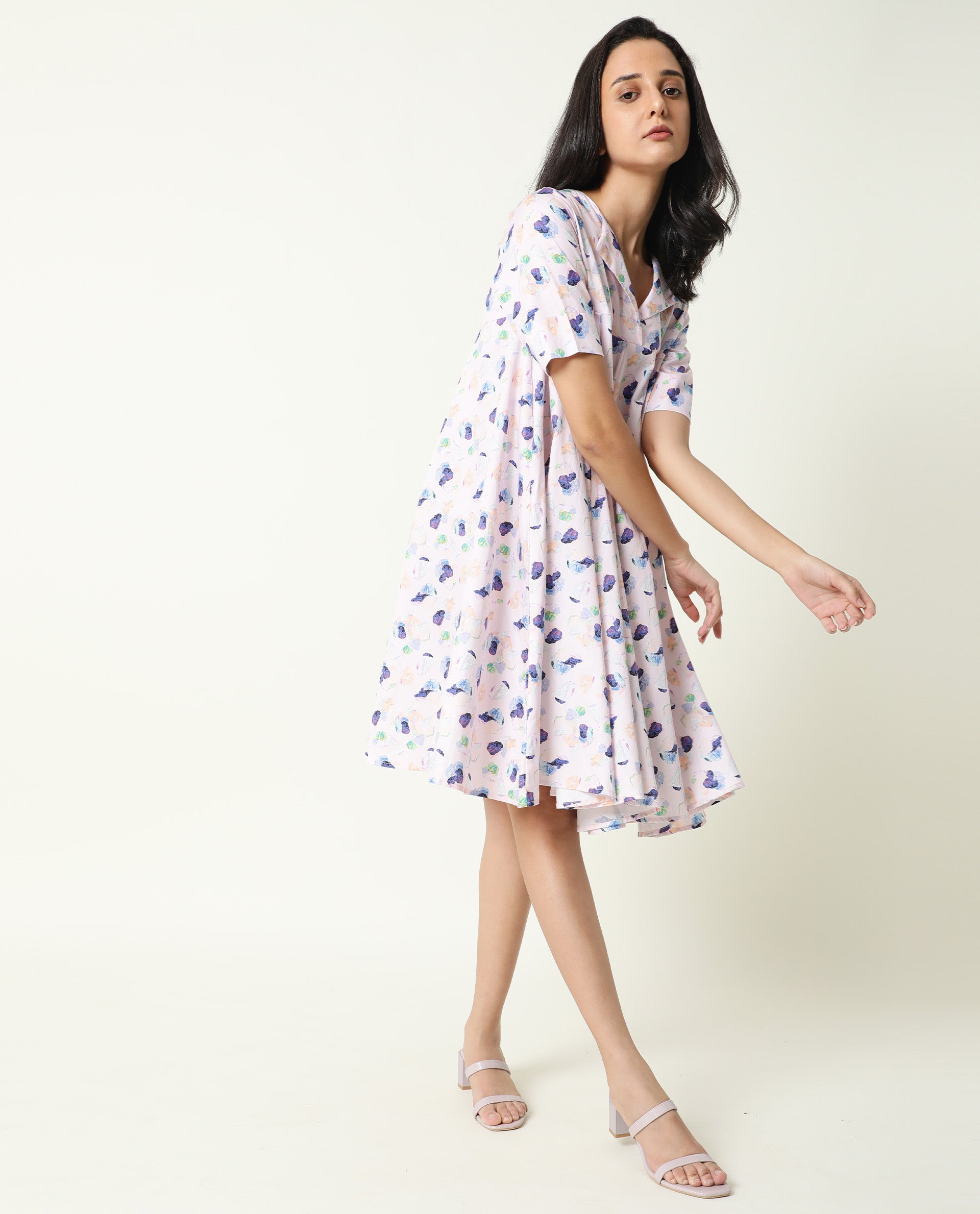 Rareism Women Allia Pink Printed Overlap Lapel Collar Short Sleeves Flared Mini Dress