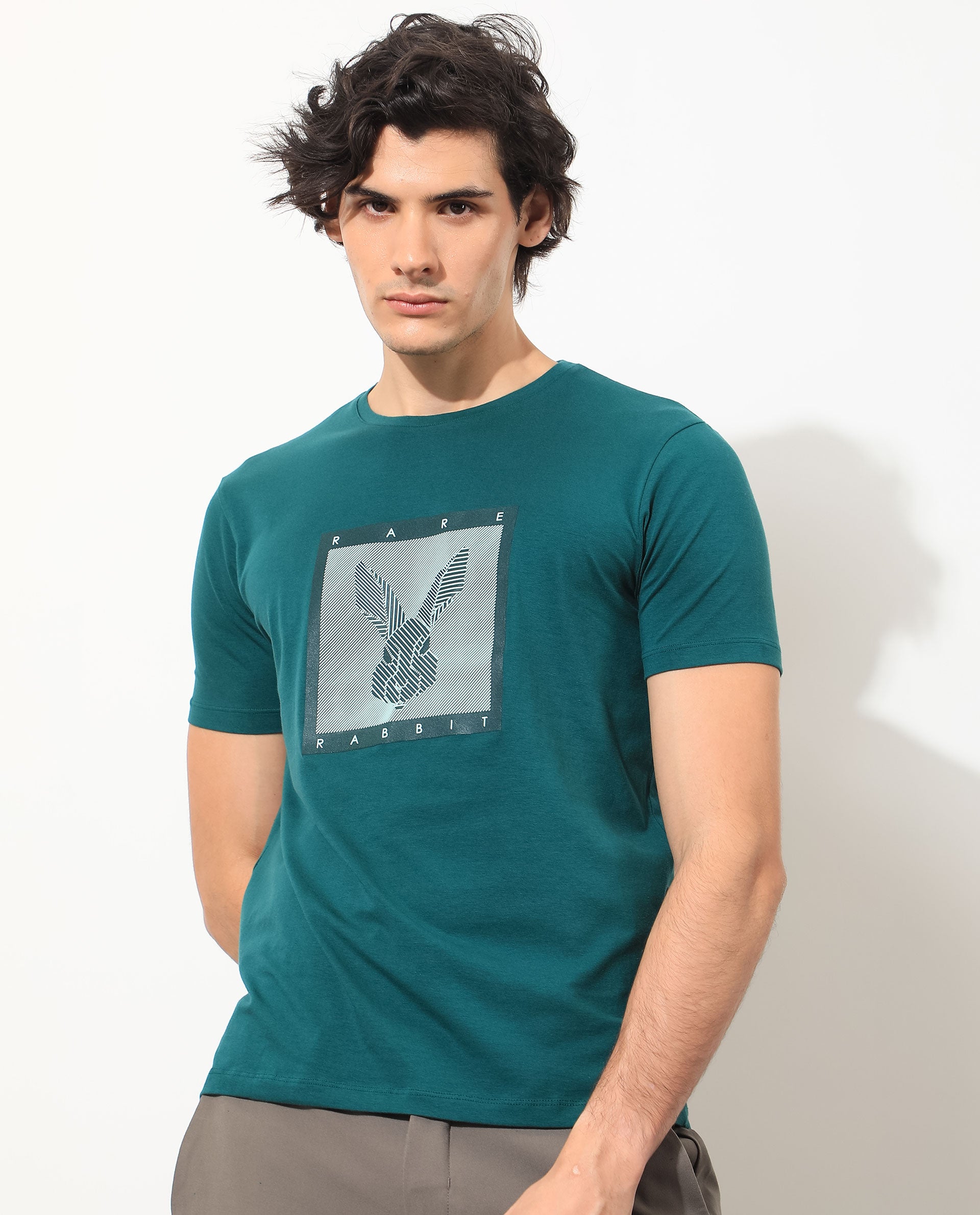 Rare Rabbit Men's Princeton Green Crew Neck Graphic Logo Printed Half Sleeves Slim Fit T-Shirt