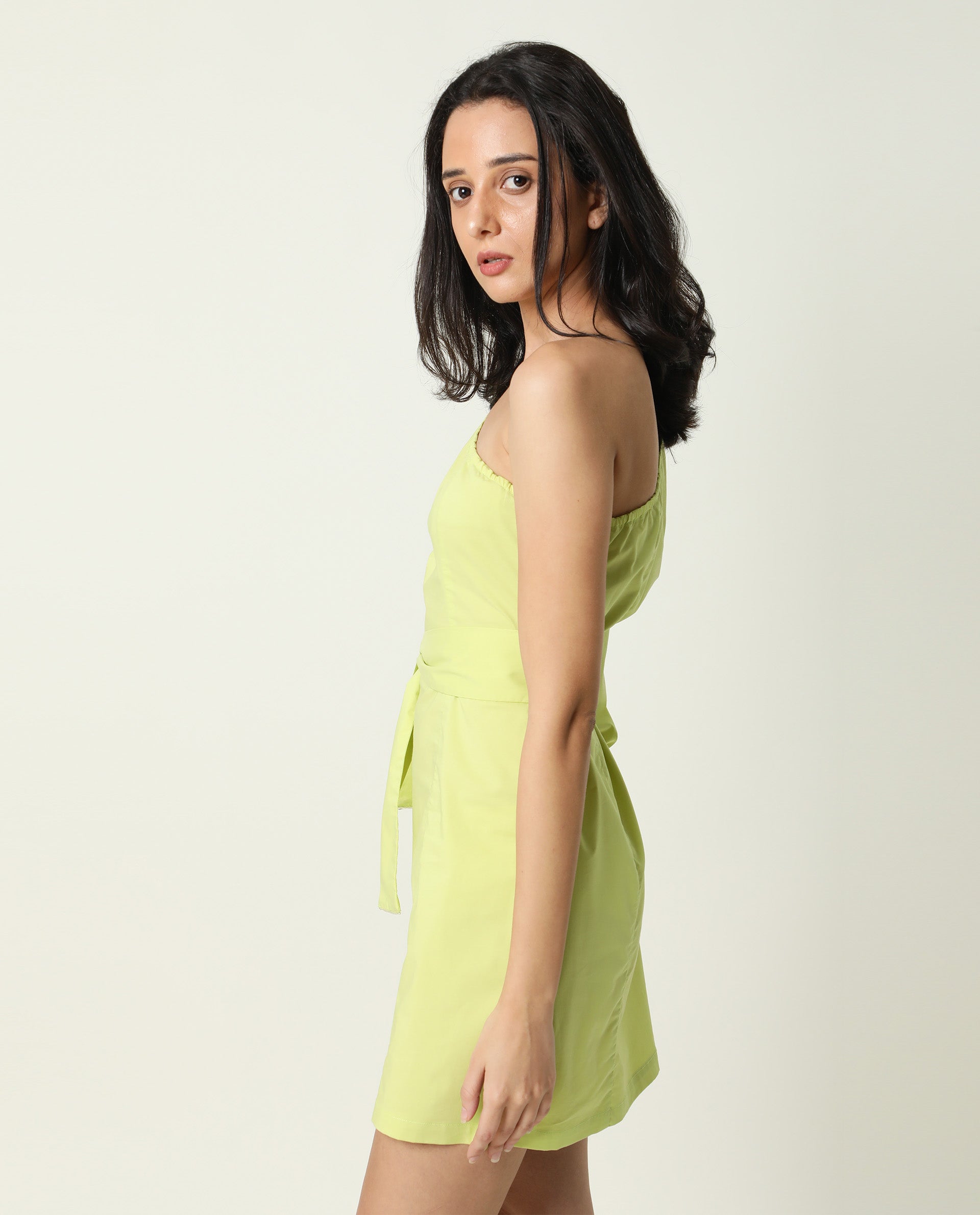 Rareism Women Floris Green Off Shoulder Puff Sleeve With Fabric Waist Tie Up Mini Dress