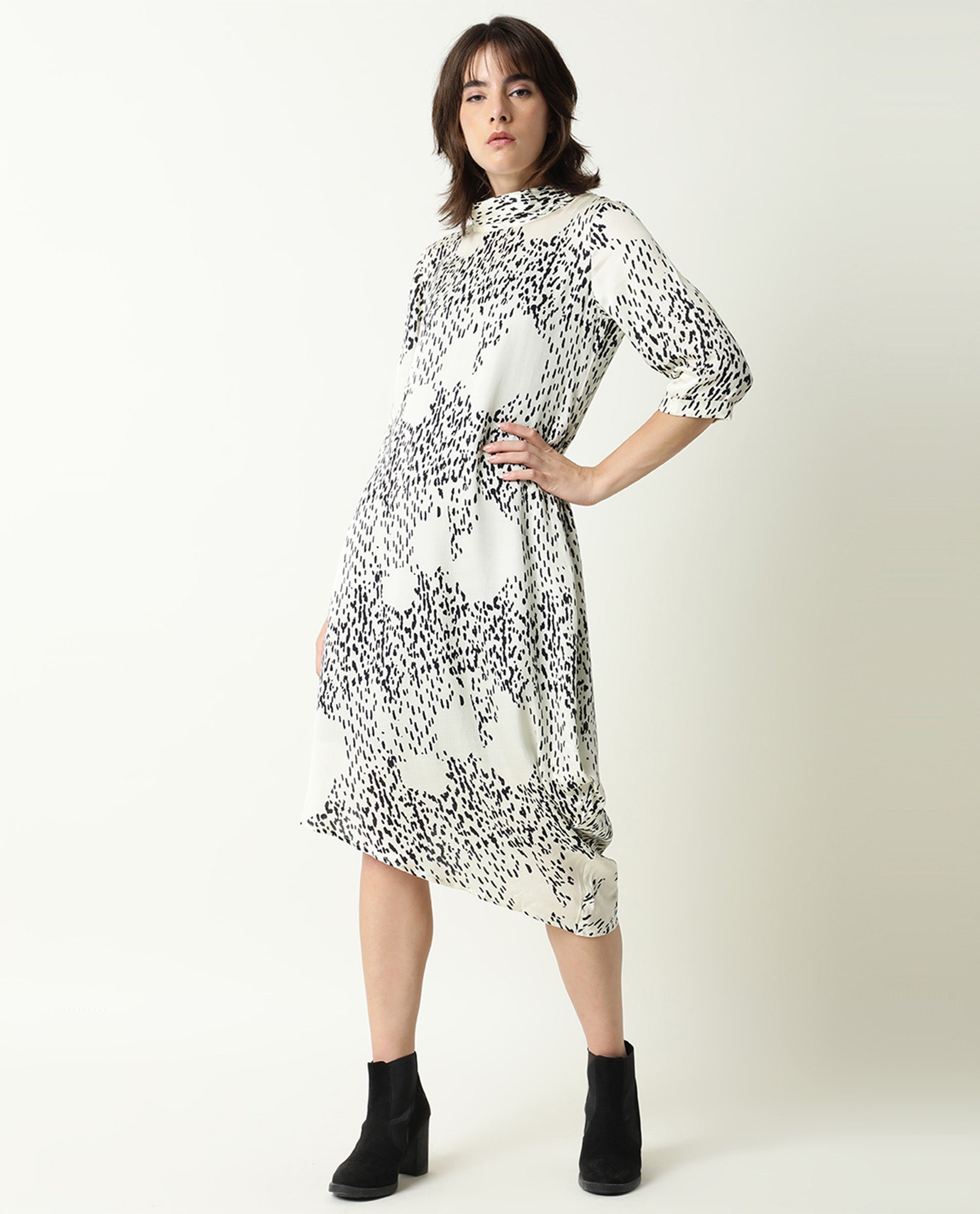 Rareism Women Zoella Off White Abstract High Neck 3/4 Sleeves With Pocket Asymmetrical Knee Length Dress