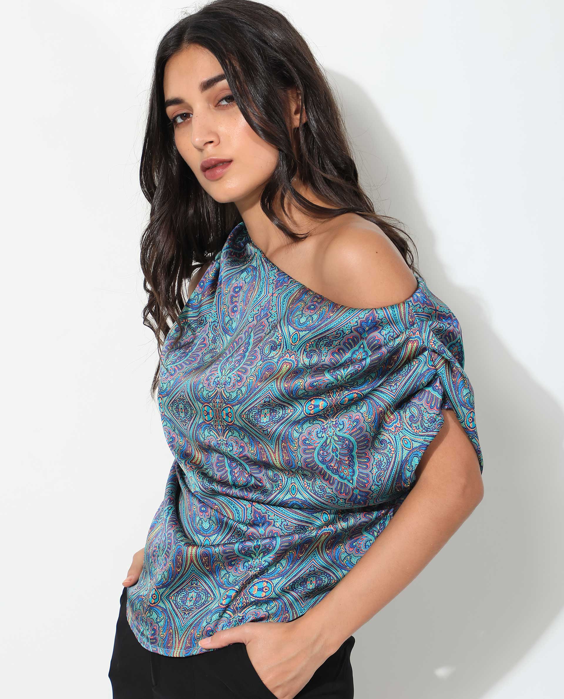 Rareism Women Sydney Blue Polyester Fabric Regular Fit Tube Neck Off Shoulder Abstract Print Top