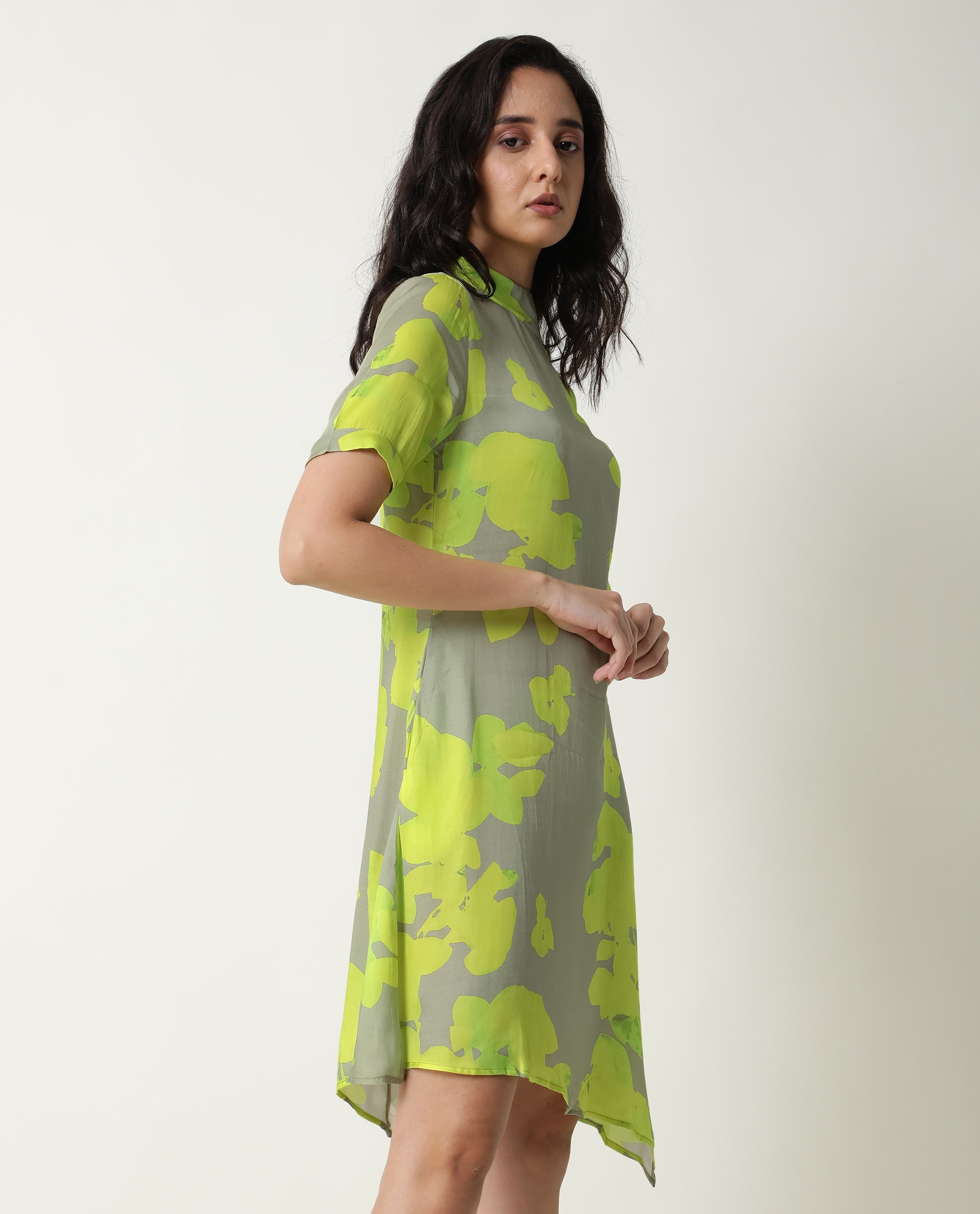 Rareism Women Sprite Yellow Floral Print Band Neck Short Sleeves With Pockets Asymmetric Hem Knee Length Dress