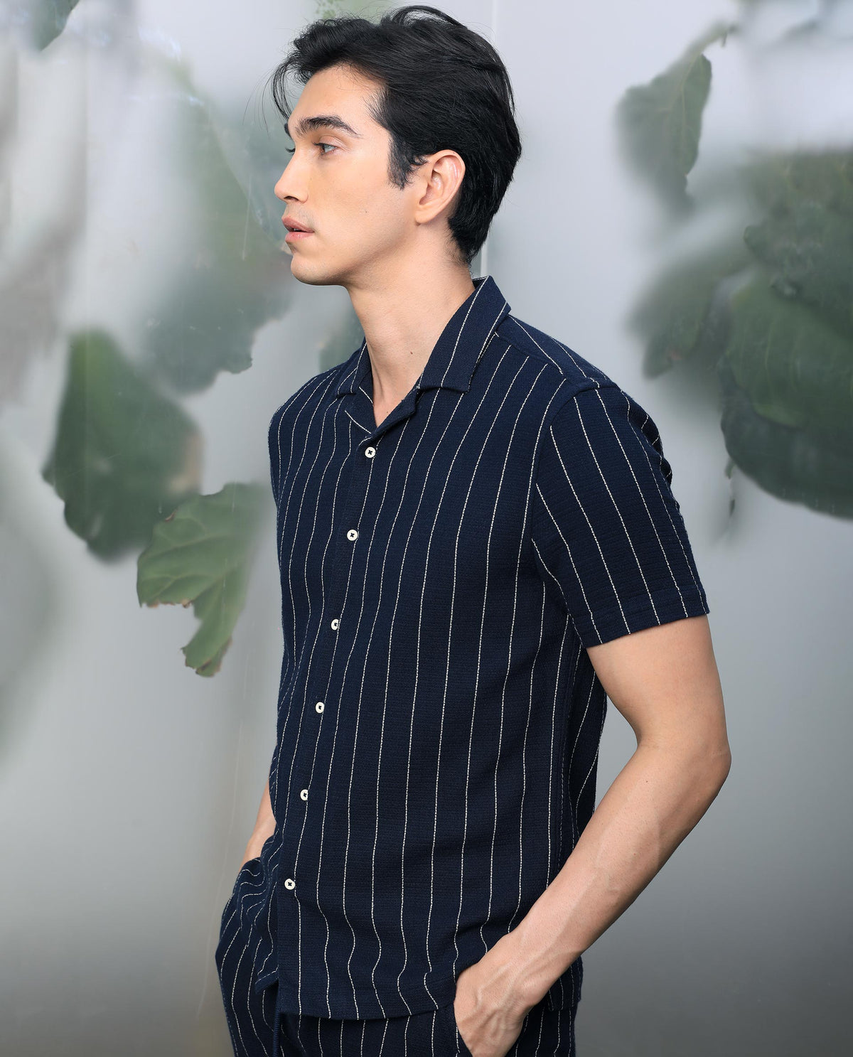 Rare Rabbit Men's Nano Navy Cotton Fabric Cuban Collar Half Sleeves Loosely Knit Stripe Shirt