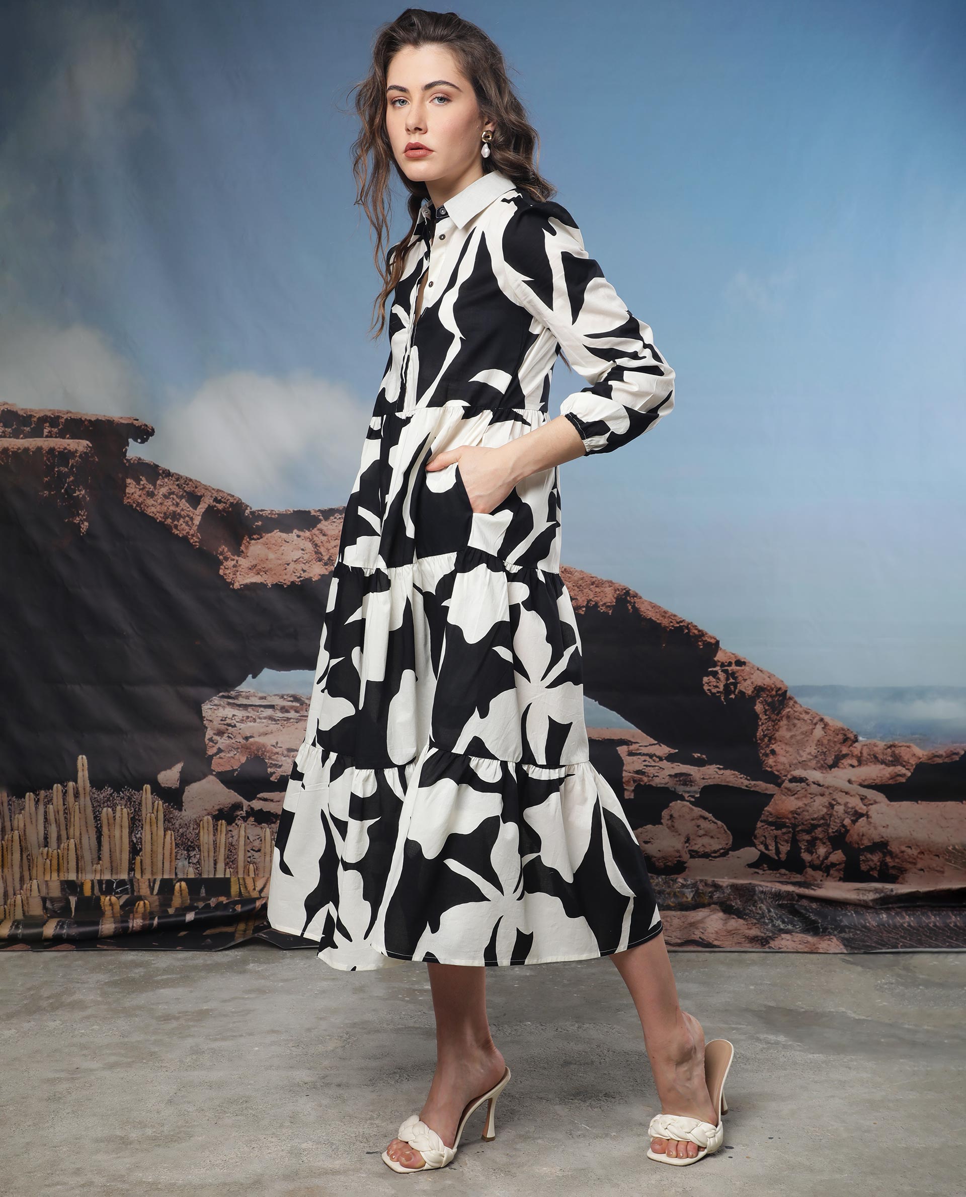 Rareism Women Susan Black Dress Cotton Fabric Print